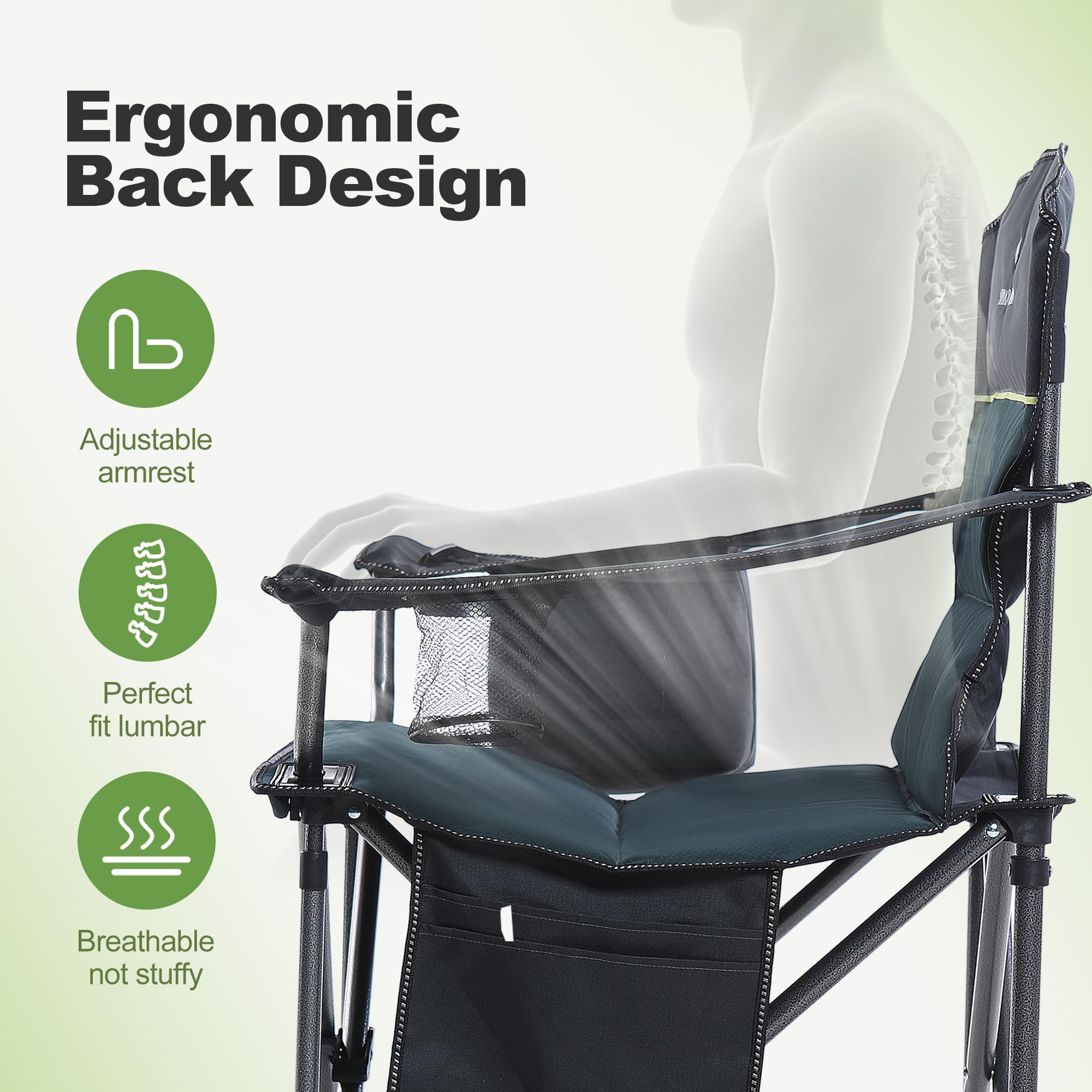 Oversized Folding Camping Chair Heavy Duty 450LBS Capacity - Portable Outdoor Padded Lawn Chair with Cup Holder, Storage Pocket & Cooler Bag - 2 Pack Green - Perfect for Camping, Travel, Picnics, Beach, Backyard & Outdoor Events
