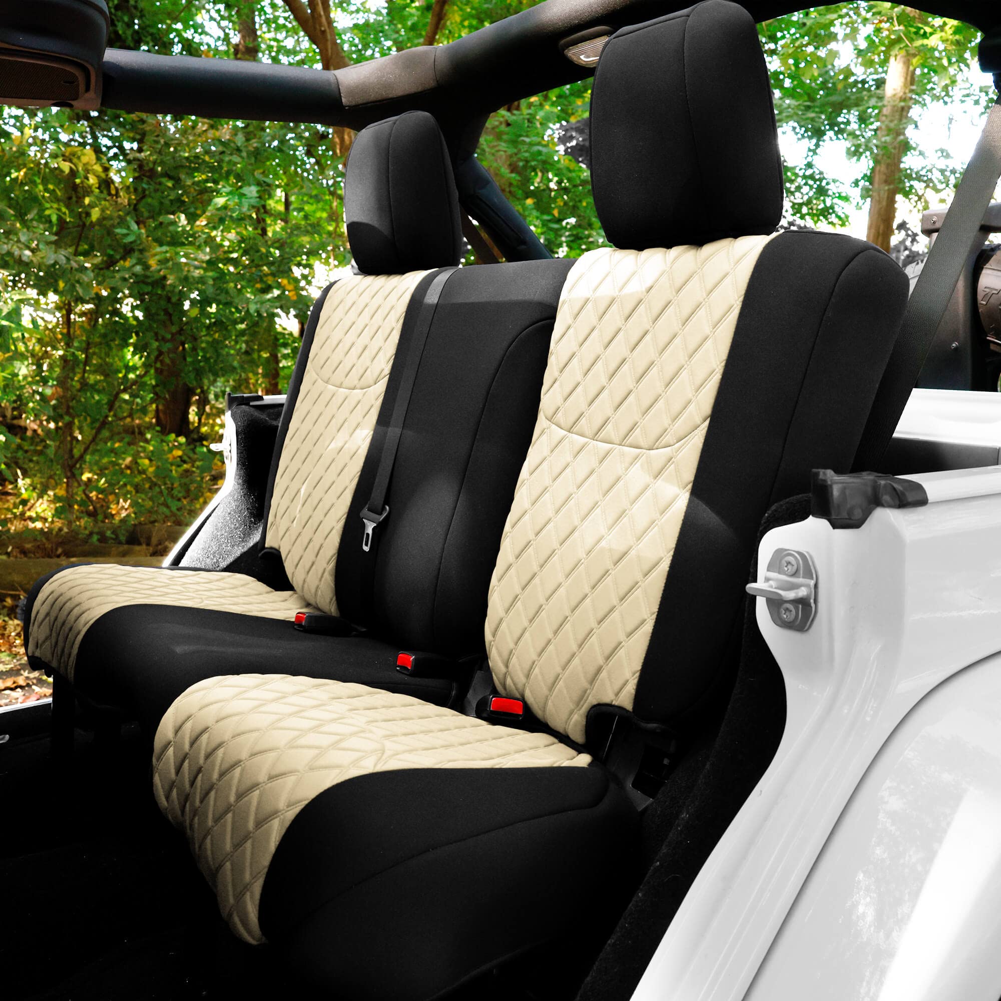 FH Group Custom Fit Neoprene Seat Covers for 2007-2017 Jeep Wrangler JK 4 Door - Water Resistant 2nd Row Rear Set in Beige | Perfect for Off-Road Adventures & Daily Commutes