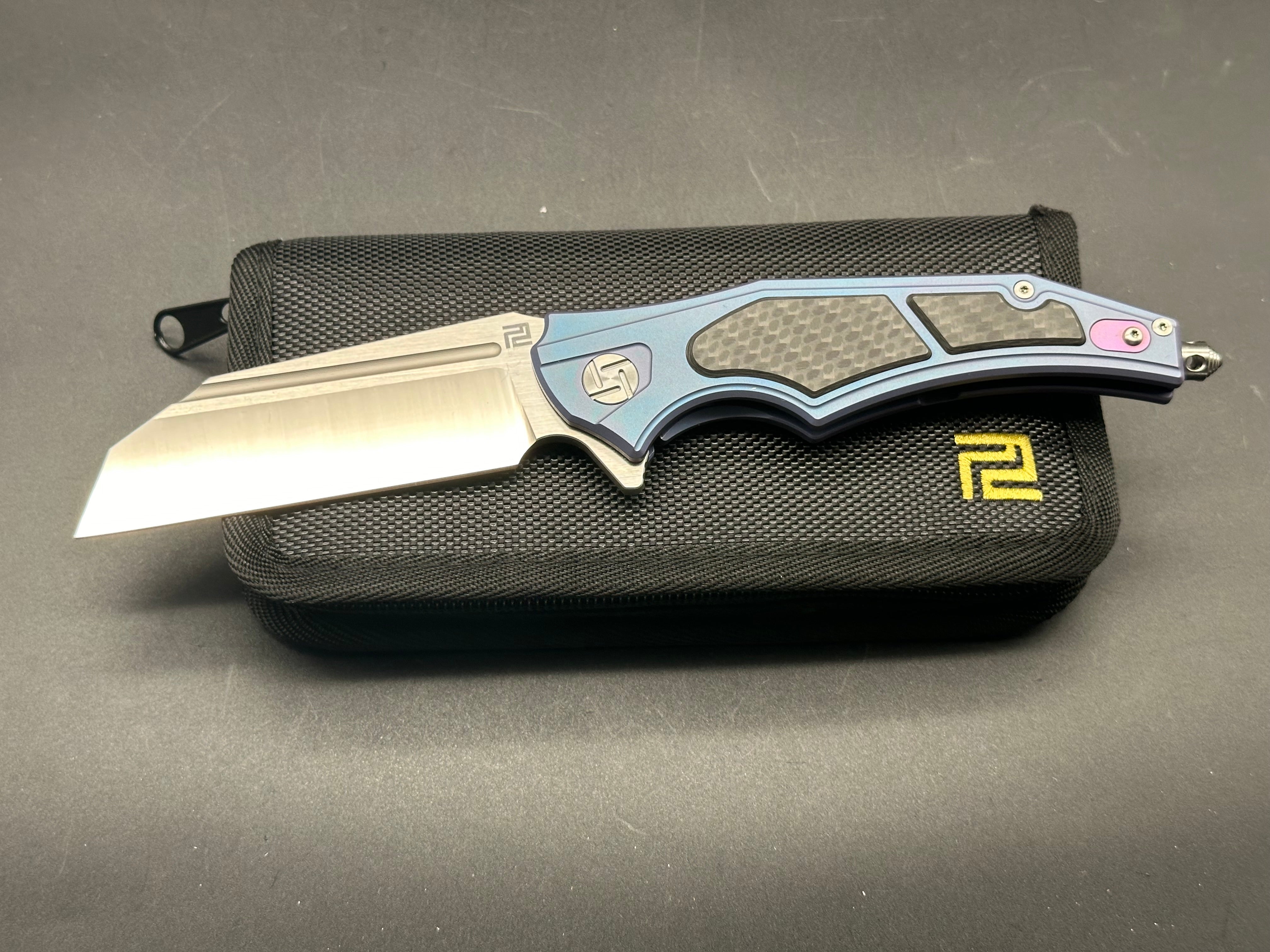 Artisan Cutlery Apache S35VN Wharncliffe Folding Knife - Satin Finish, Blue Titanium Handle with Carbon Fiber Inlays - EDC, Outdoor, Camping & Survival Tool