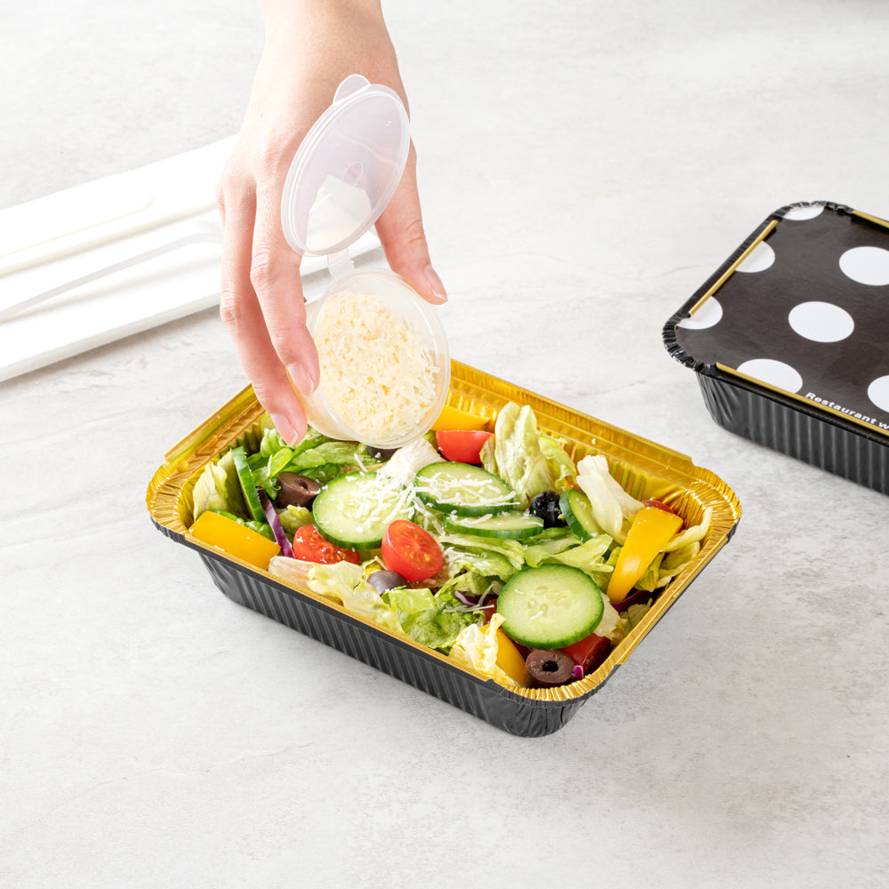 16 oz Black & Gold Aluminum Takeout Containers with Polka Dot Paper Lids - 7.25