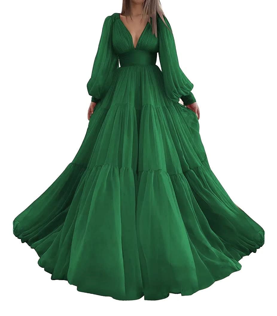 Elegant Prom Dresses with Puffy Sleeves & Tulle Ball Gown Skirt - Women's Formal V-Neck Long Evening Gowns for Homecoming, Wedding, Quinceañera & Special Occasions
