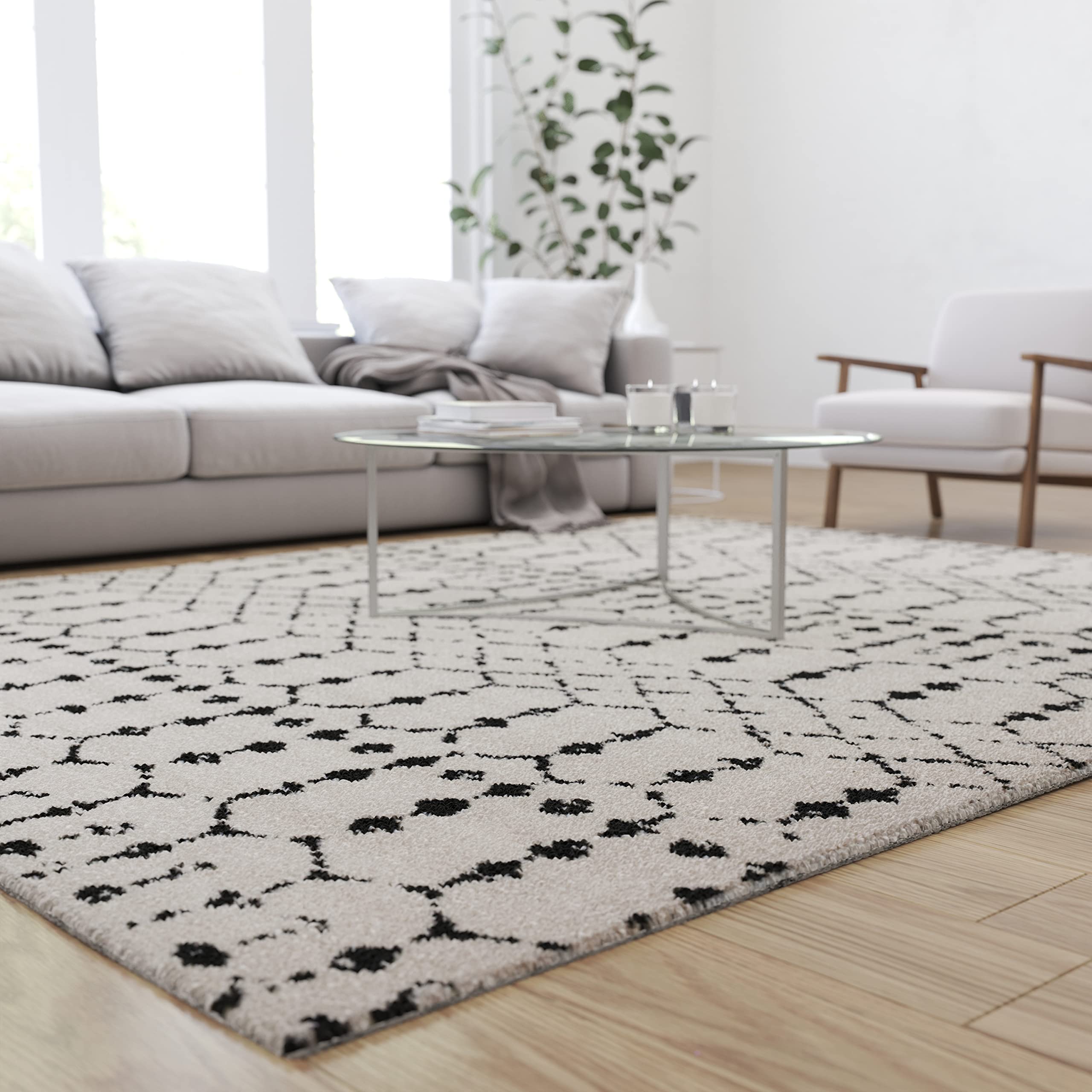 Merrick Lane Geometric Design Polyester Area Rug - Ivory & Black - 8' x 10' Indoor Rug for Living Room, Bedroom & Office - Soft & Durable Modern Home Decor