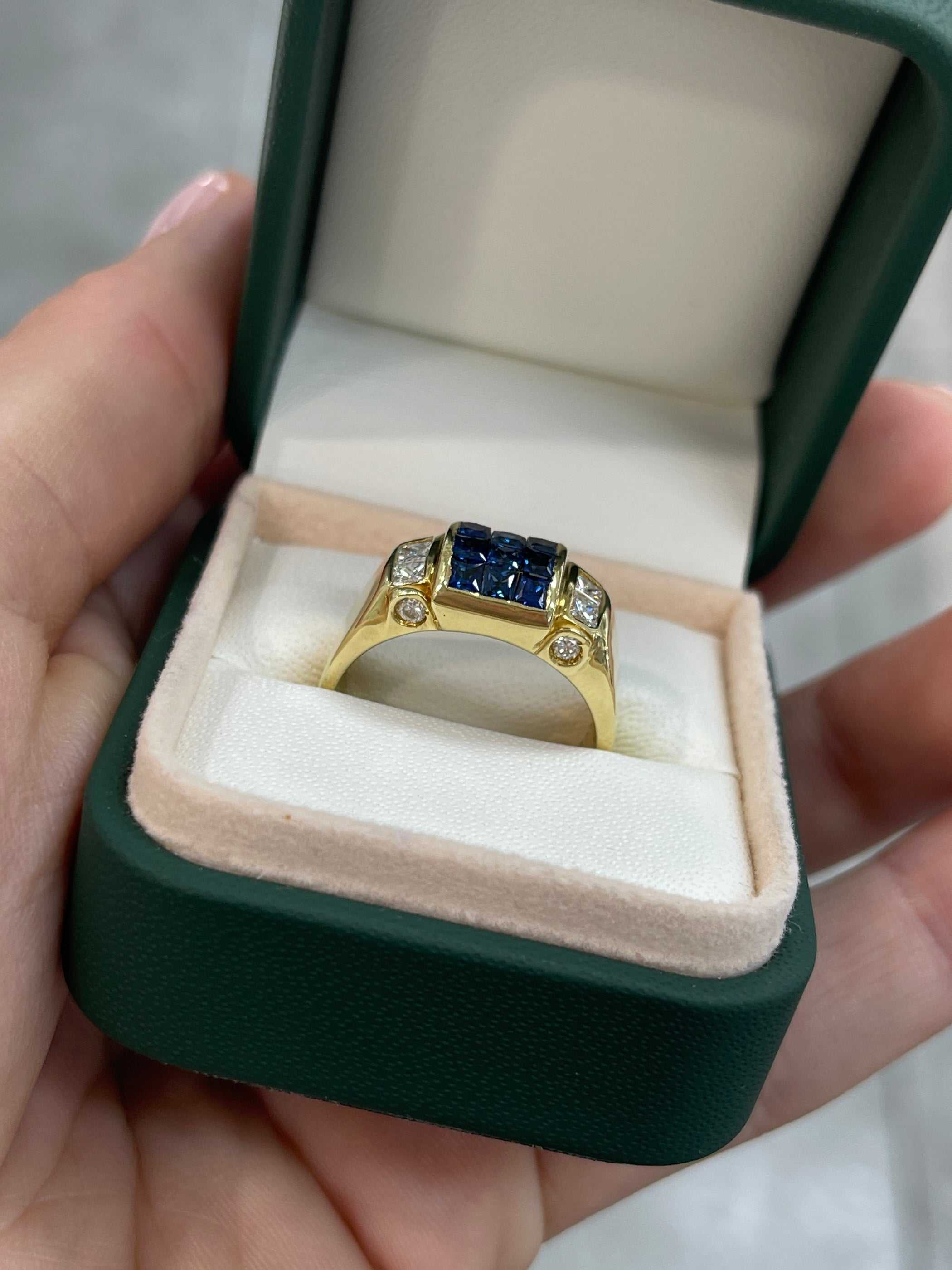 2.0tcw Square Blue Sapphire & Diamond Men's Ring in 18K Gold - Elegant Jewelry for Weddings, Anniversaries & Special Occasions
