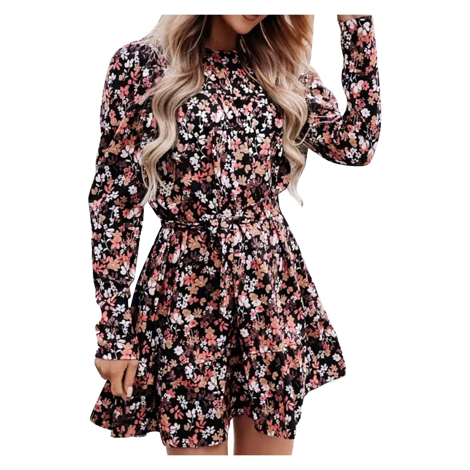 Women's Floral Print Long Sleeve Casual Dress - Elegant Waist Design Summer Dress for Women | Perfect for Office, Date Night & Outdoor Events