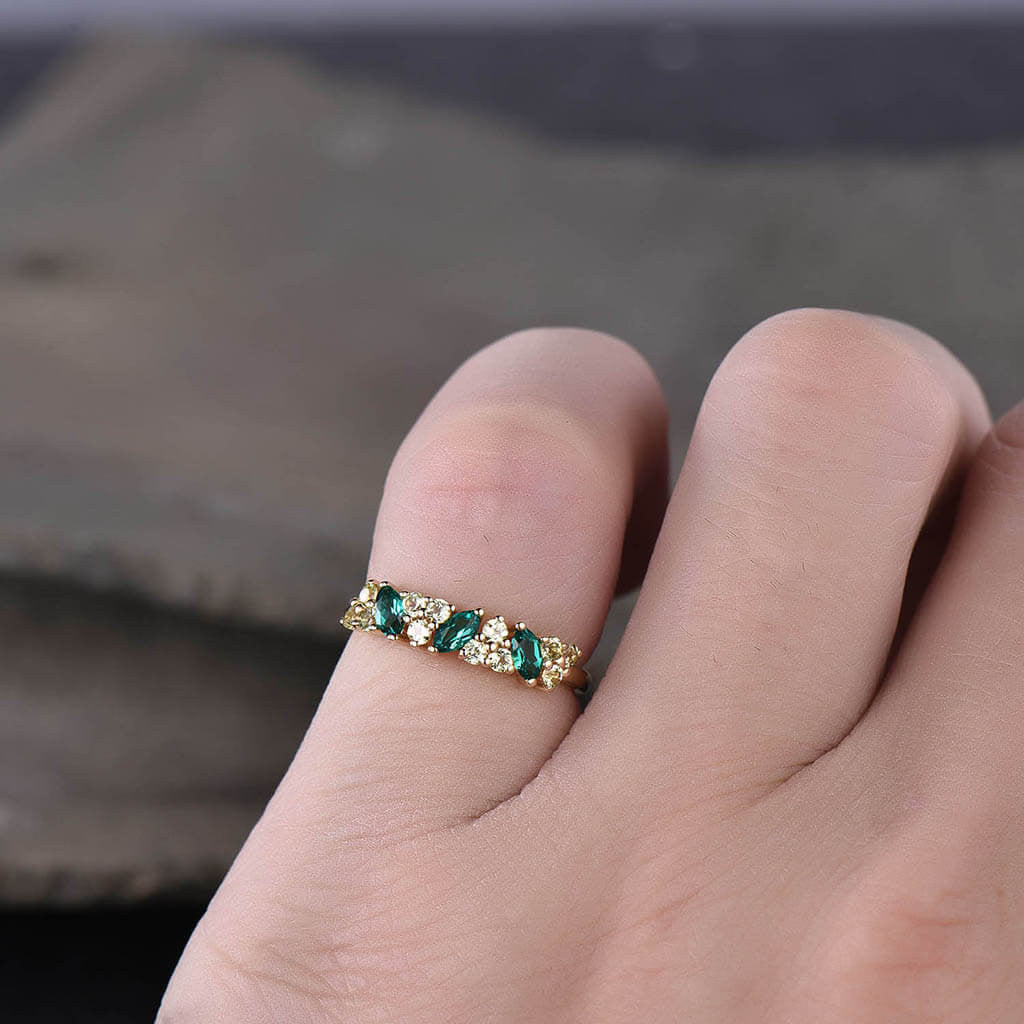 Stackable Marquise Emerald & Three Stone Peridot Wedding Ring - Promise Ring for Women, Dainty Everyday Band Jewelry (Perfect for Anniversaries, Engagements & Special Occasions)