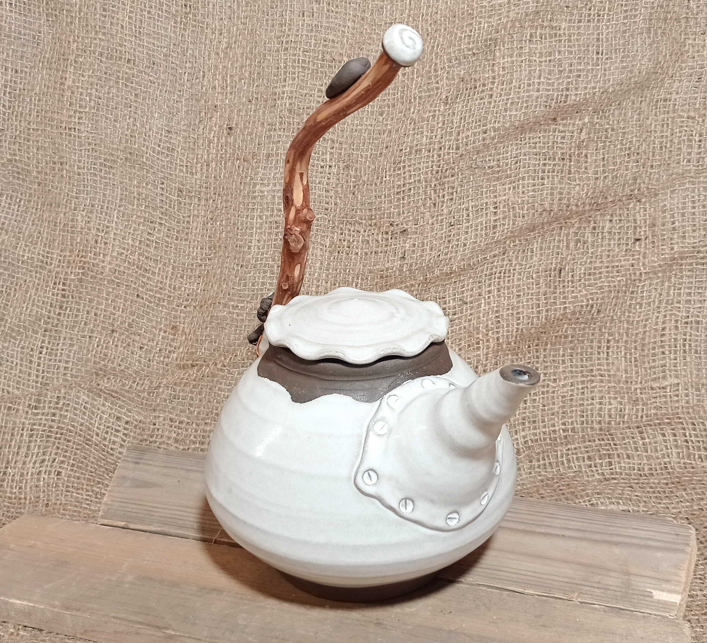 Handmade 60 Oz Black Clay Teapot with Natural Wood Handle - Unique Wheel-Thrown Cream Kitchenware - Perfect Gift for Mom, Tea Lovers & Home Decor