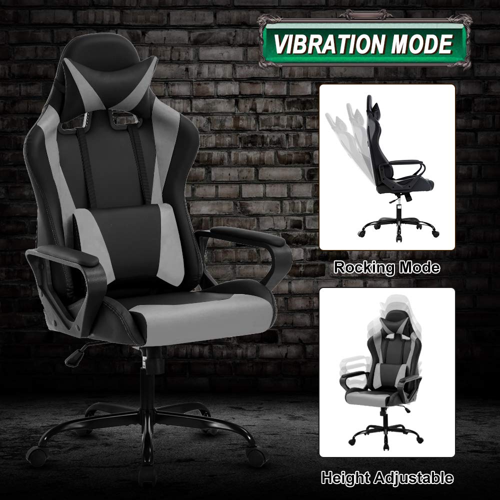 Ergonomic Gaming Chair with Headrest & Lumbar Support - Adjustable Height PU Leather Computer Desk Chair for Office, Racing & Video Games - 360° Swivel Executive Chair (Grey) - Perfect for Home Office, Gaming Setup & Esports Tournaments