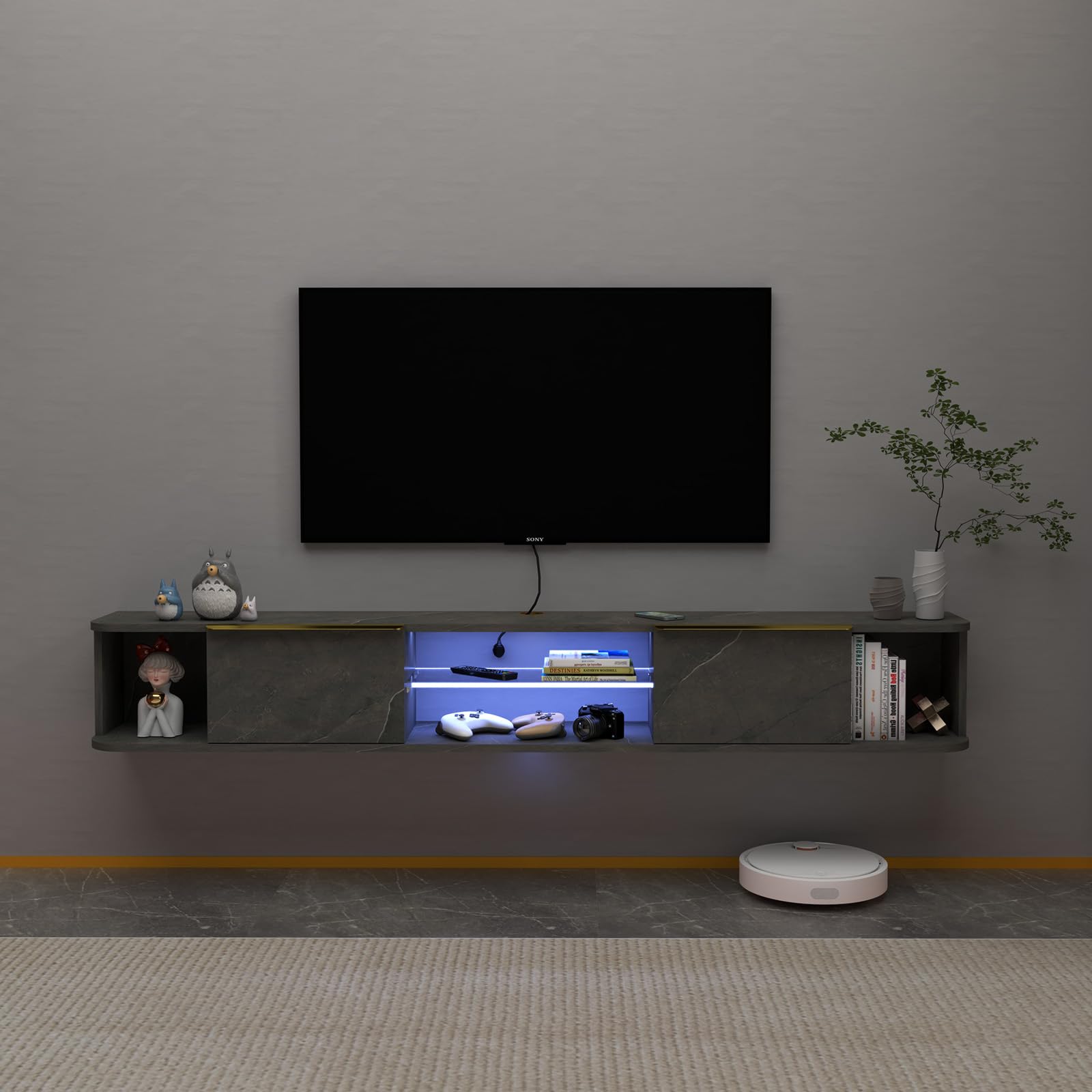 PMNIANHUA 80 Inch Floating TV Stand with LED Lights - Wall Mounted TV Console with 2 Drawers, 78