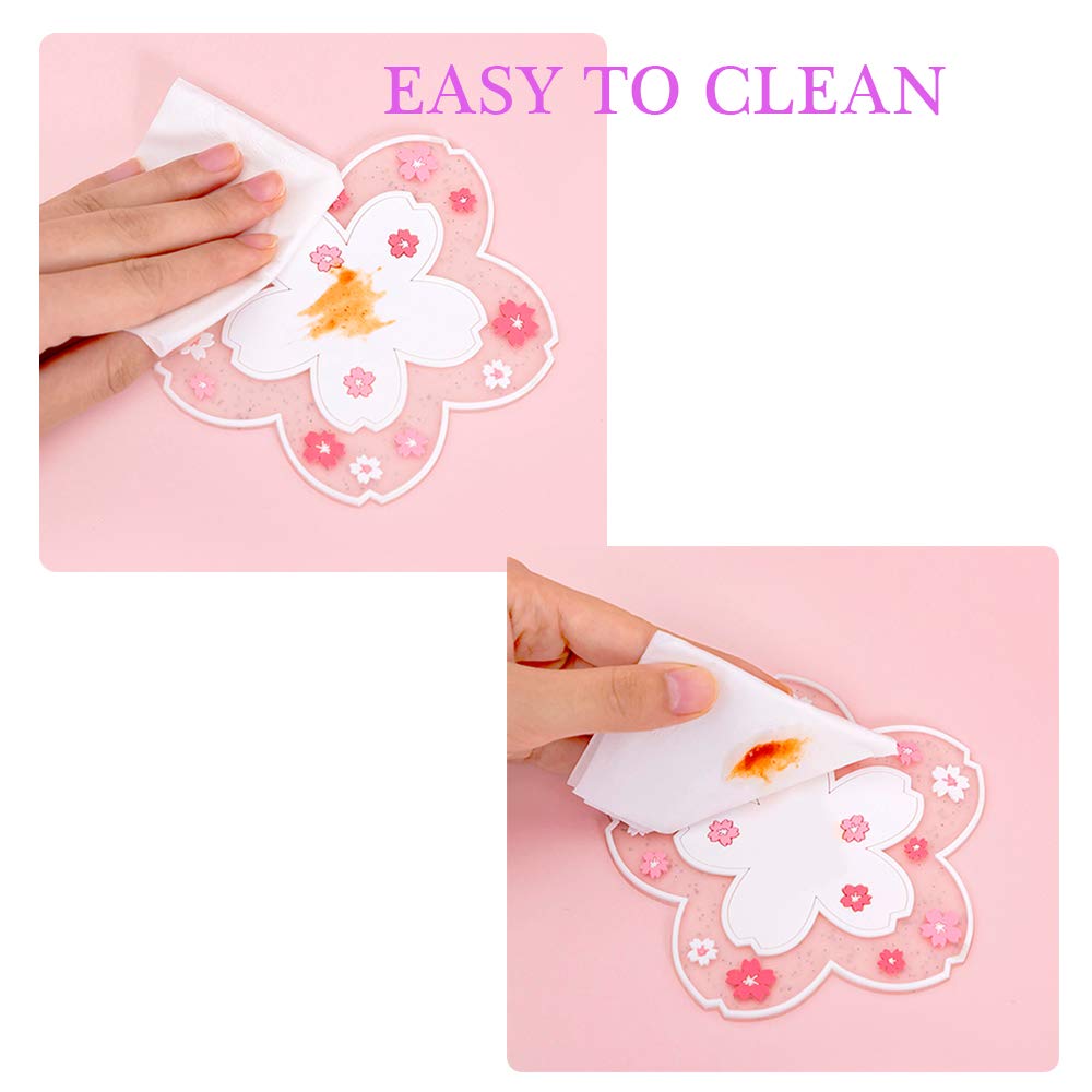 Sakura Coffee Cup Coaster Set - 2PCS Cute Cherry Blossom PVC Drink Coasters, Non-Slip Mug Mat with Pink Flower Pattern for Tea, Coffee, and Hot Drinks - Perfect for Home, Office Desk, and Table Decor (Small)