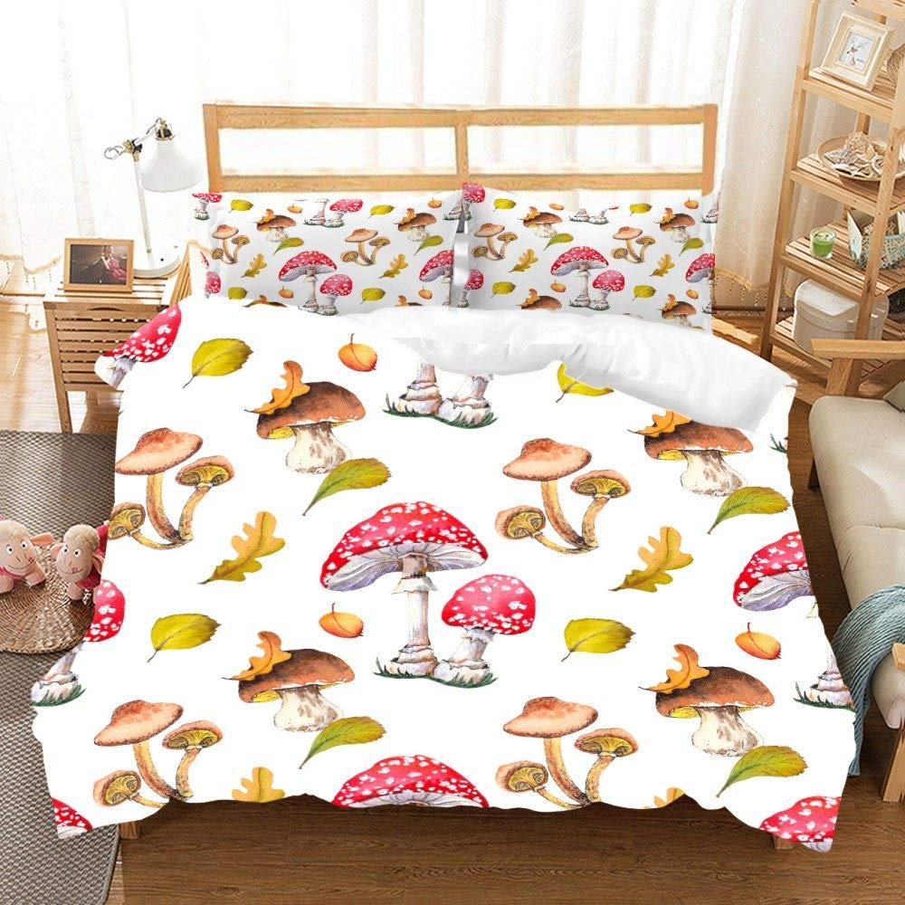 Red Mushroom Cartoon Bedding Set - Twin/Full/Queen/King Size Microfiber Comforter Set (US Queen 228x228cm) - Soft Kids Bedroom Decor for Boys & Girls