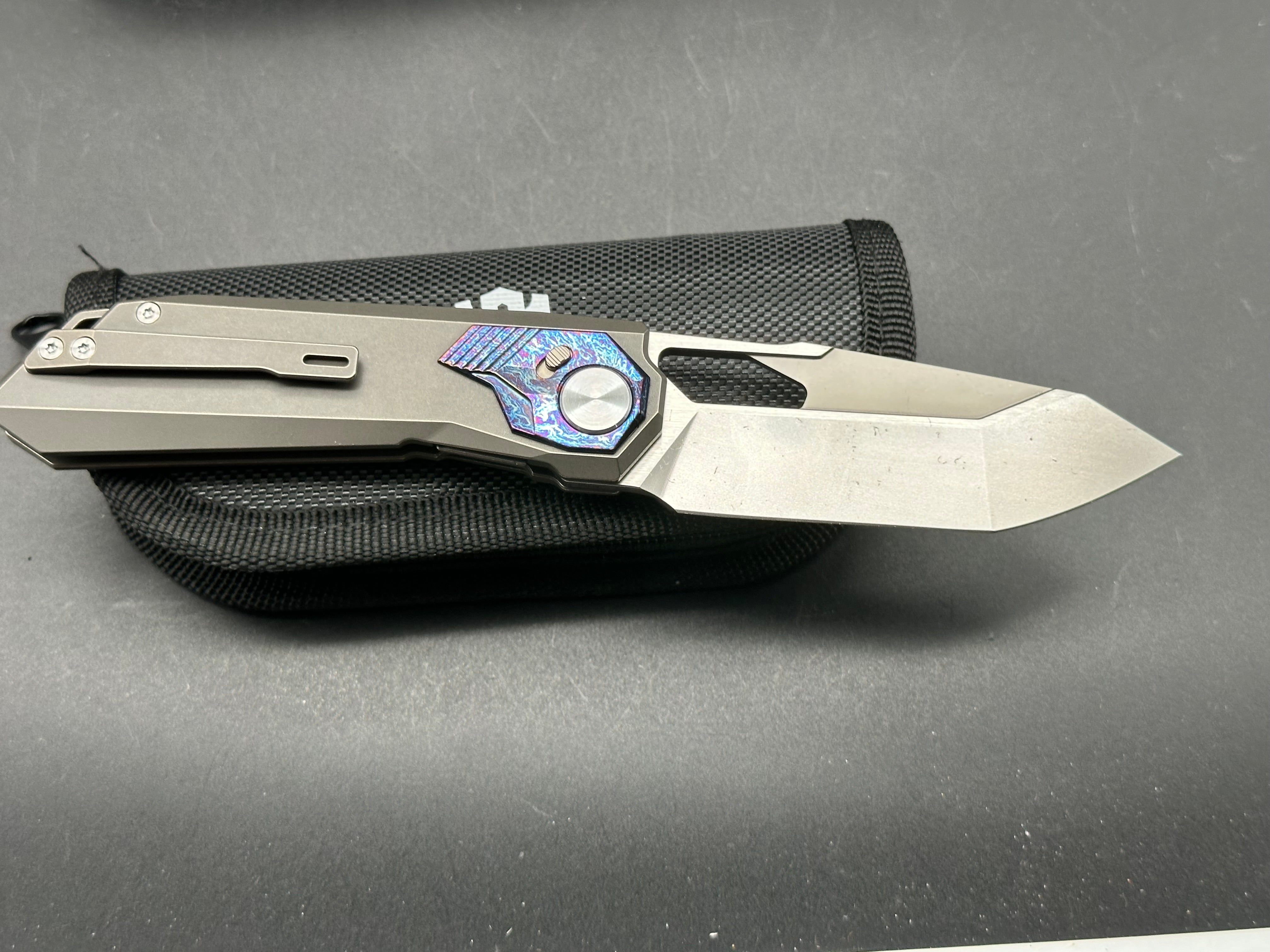REMETTE RT Peregrine Falcon Titanium & Color Inlay Handle M390 Reverse Tanto Plain Edge Knife - Outdoor Survival, Hunting, Camping & EDC Gear
