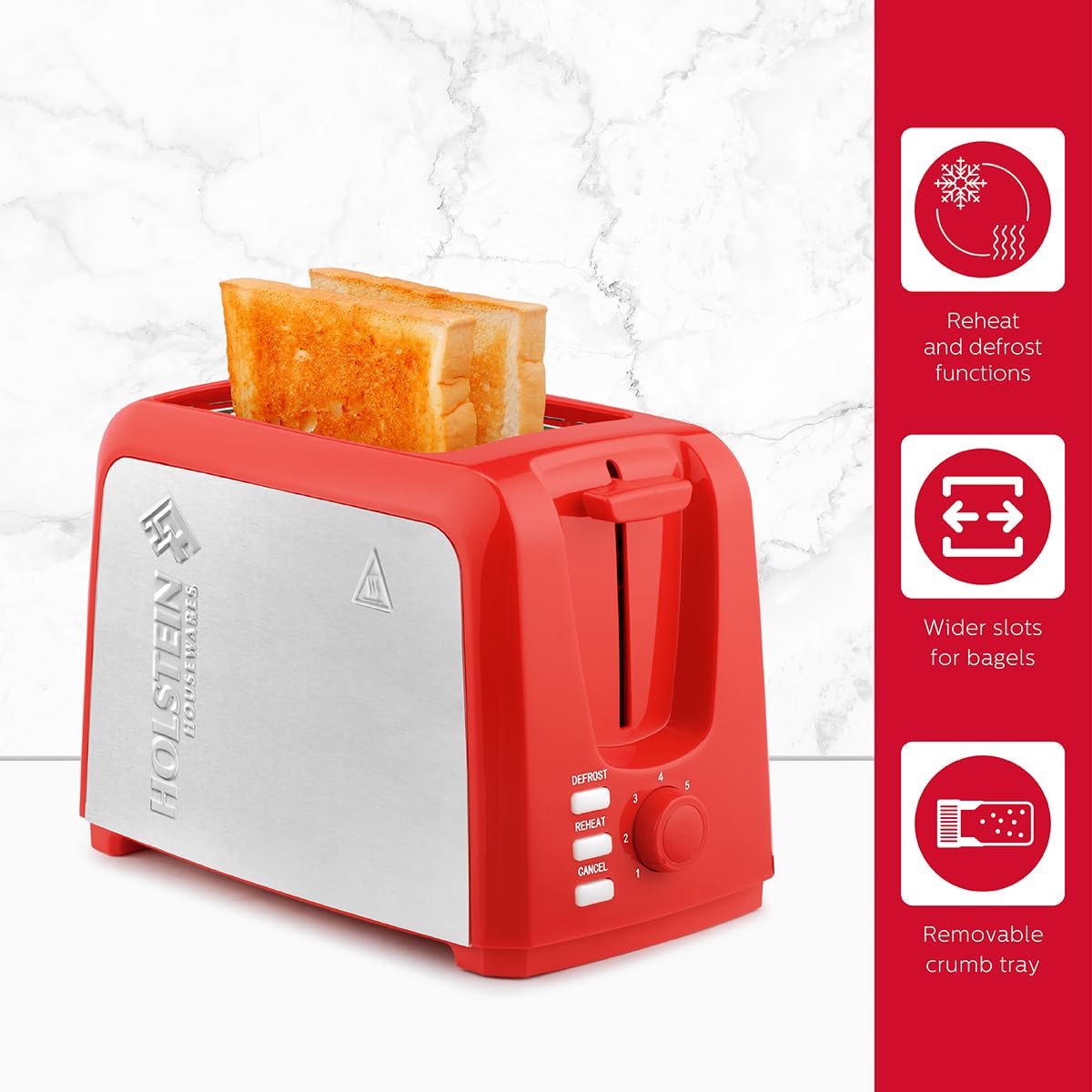 Holstein Housewares 2-Slice Toaster with 7 Browning Settings, Red Stainless Steel - Perfect for Toast, Bagels, Waffles - Ideal for Breakfast, Kitchen, Dorm & Office Use