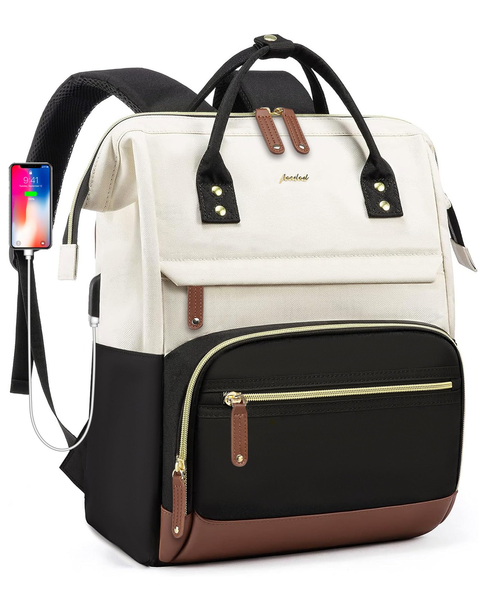 Stylish Women's Waterproof Laptop Backpack - Fits 15.6 Inch Notebook, Durable Travel & Work Bag for Business Professionals & College Students (Beige/Black/Brown) - Perfect for Commuting, Business Trips & Campus Life
