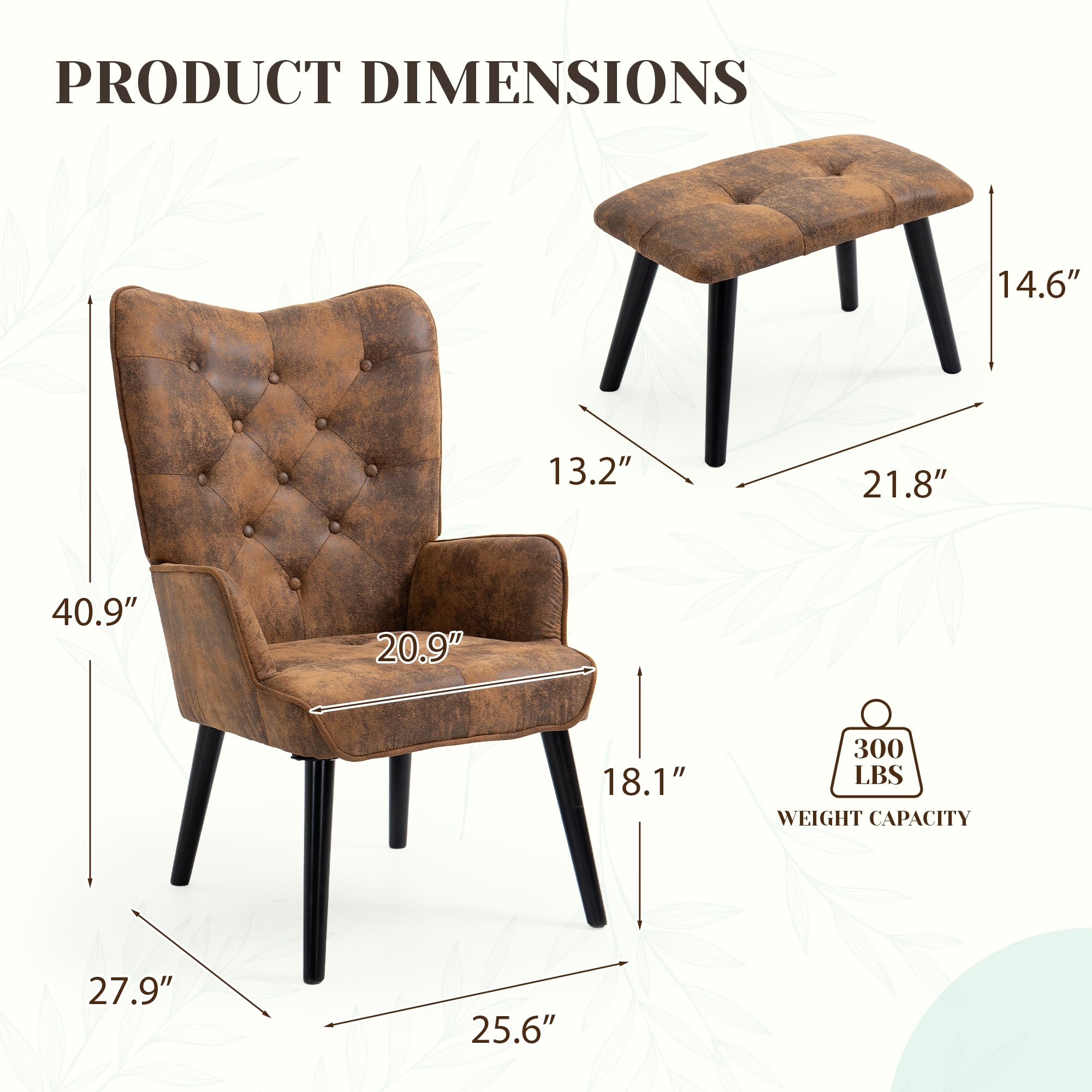 ECOTOUGE Accent Chair with Ottoman - Anti-Skid Feet, Wingback Leisure Sofa, Upholstered Tall Back Desk Chair for Bedroom, Reading Nook & Home Office (Brown) - Perfect for Relaxing, Working & Decorating