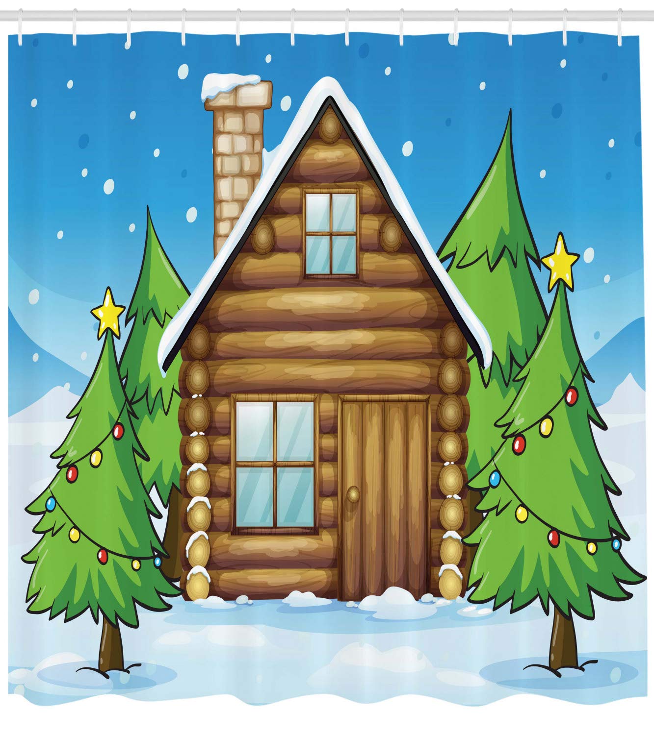 Ambesonne Log Cabin Shower Curtain - Winter Cabin & Fir Trees with Christmas Ornaments, 69x70 Inch Sky Blue Fabric Bathroom Decor with Hooks - Perfect for Holiday, Christmas, and Winter-Themed Bathrooms