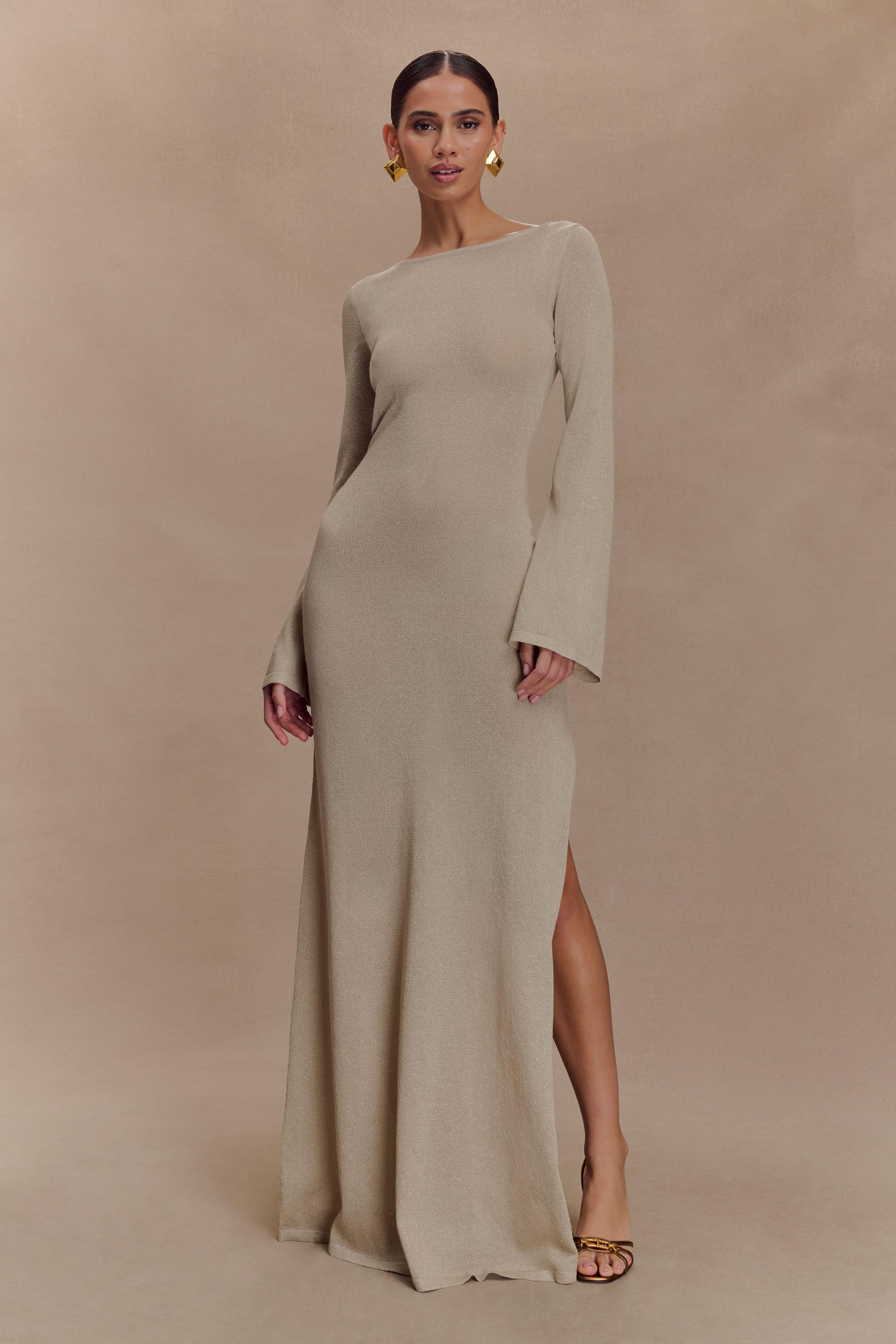 Atticus Knit Maxi Dress with Sequin Gold - Elegant Women's Party Dress for Evening Events, Weddings & Special Occasions