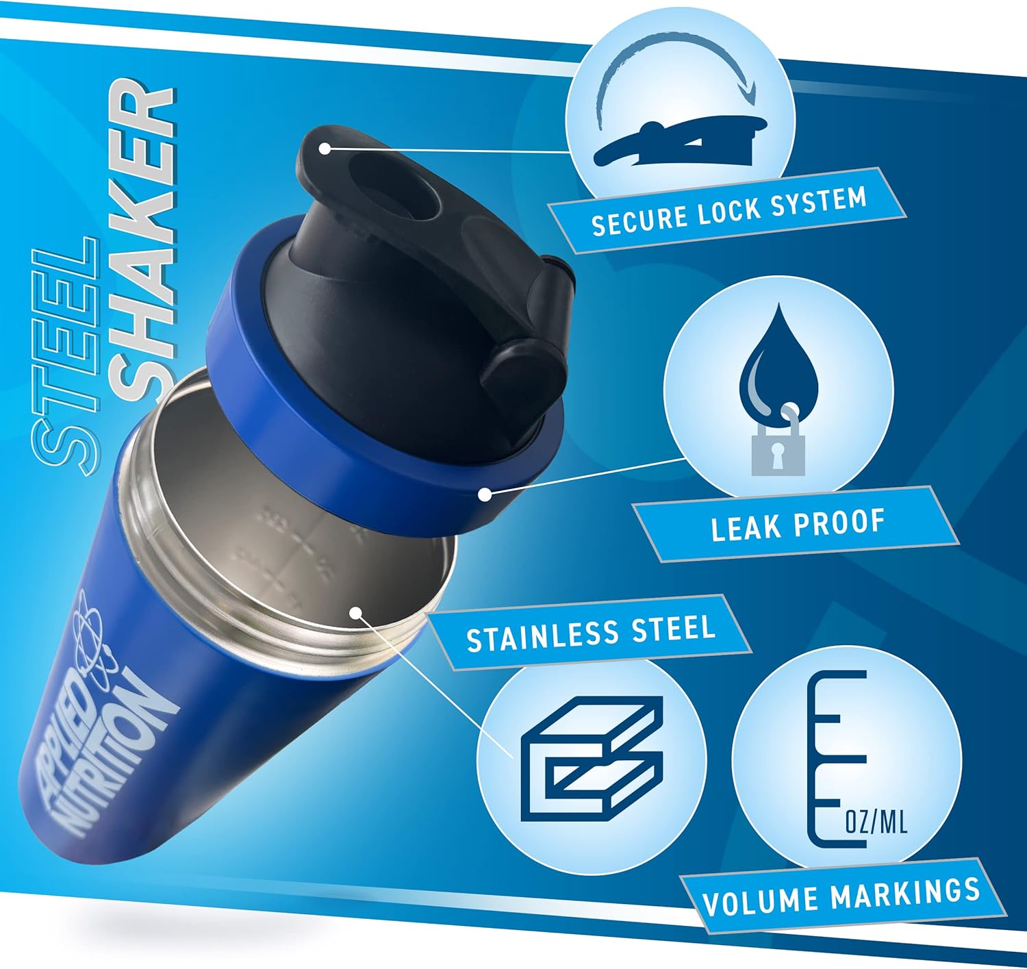 Applied Nutrition Blue Steel Shaker Bottle 750ml - Premium Protein Mixer for Gym, Workout & Sports | BPA-Free Leakproof Water Bottle for Protein Shakes & Smoothies