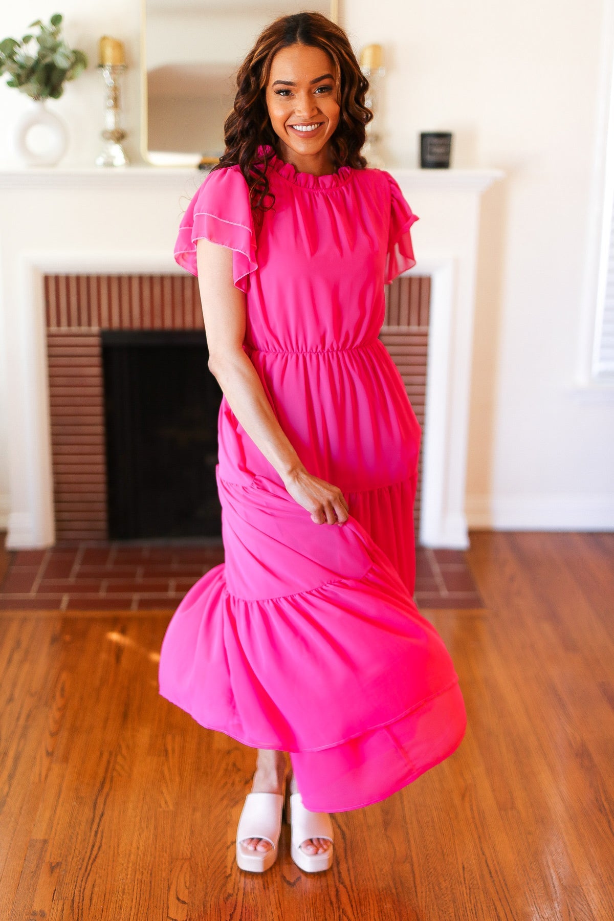 Haptics Perfectly You Hot Pink Mock Neck Tiered Chiffon Maxi Dress for Women - Elegant Formal & Party Wear, Wedding Guest Outfit, Evening Gown