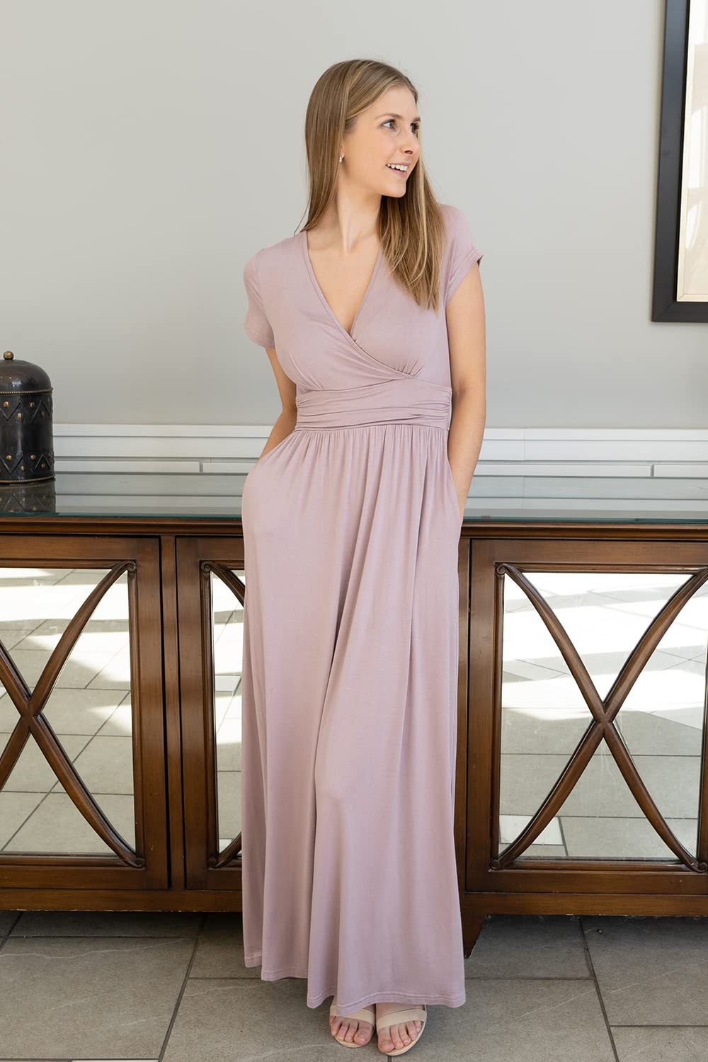 OUGES Women's Long & Short Sleeve V-Neck Wrap Waist Maxi Dress - Elegant Flowy Summer Beach Dress for Vacation, Party & Casual Wear