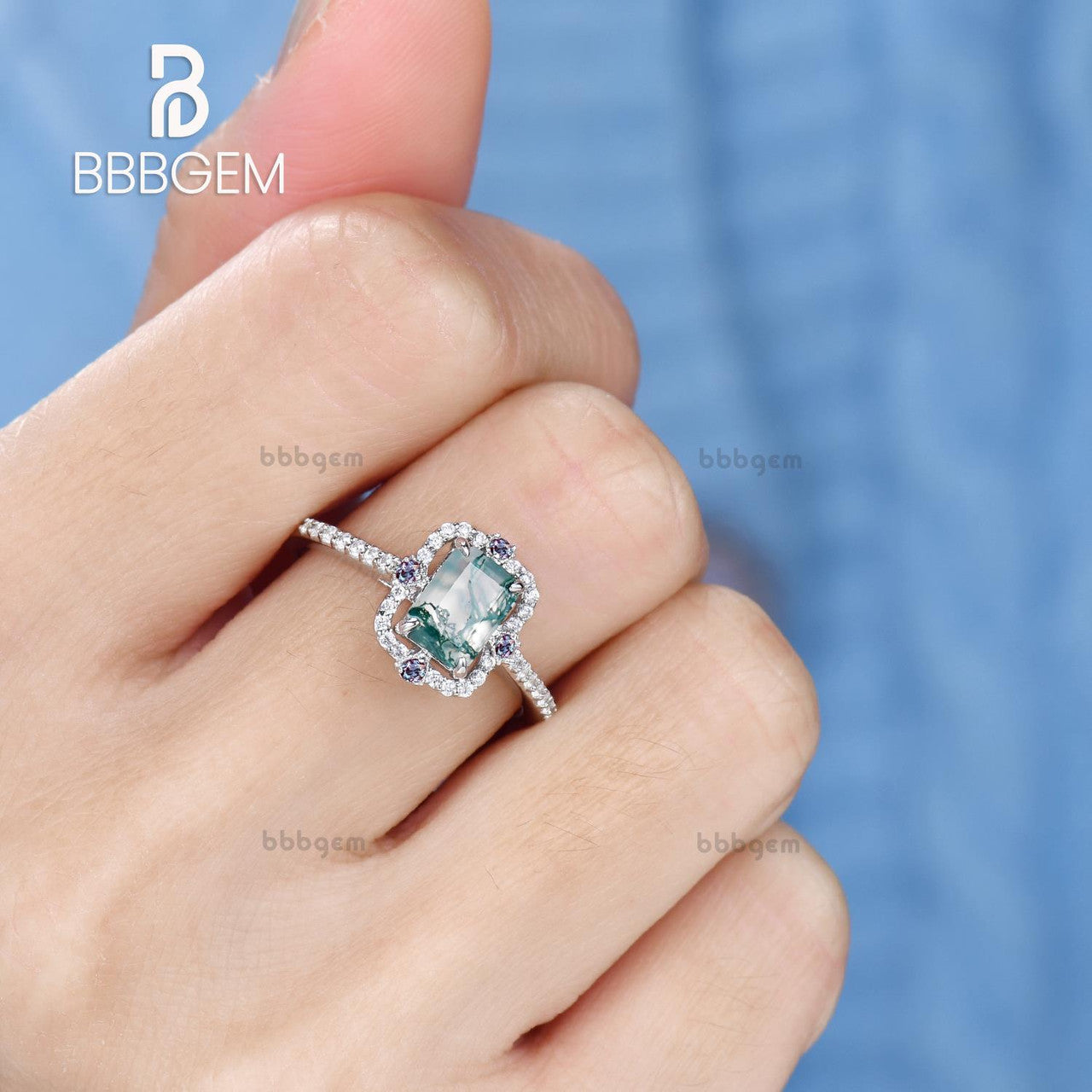 Vintage Emerald Step Cut Moss Agate White Gold Engagement Ring with 4 Alexandrite Accents - Symmetrical Wedding Band for Women, Bridal Jewelry, Anniversary Gift, Proposal Ring for Her