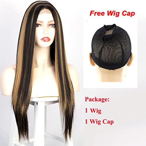 Long Straight Ombre Brown Wig with Middle Part - Natural Looking Synthetic Hair for Daily Wear & Cosplay