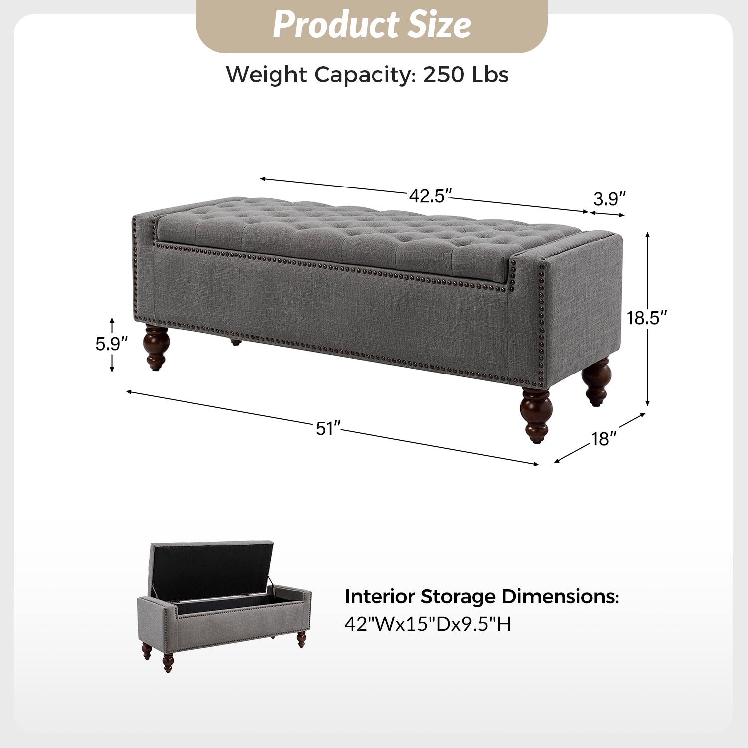 Eugen Upholstered Flip Top Storage Bench - Stylish Ottoman with Hidden Storage for Bedroom, Living Room & Entryway - Perfect for Seating, Storage & Home Decor