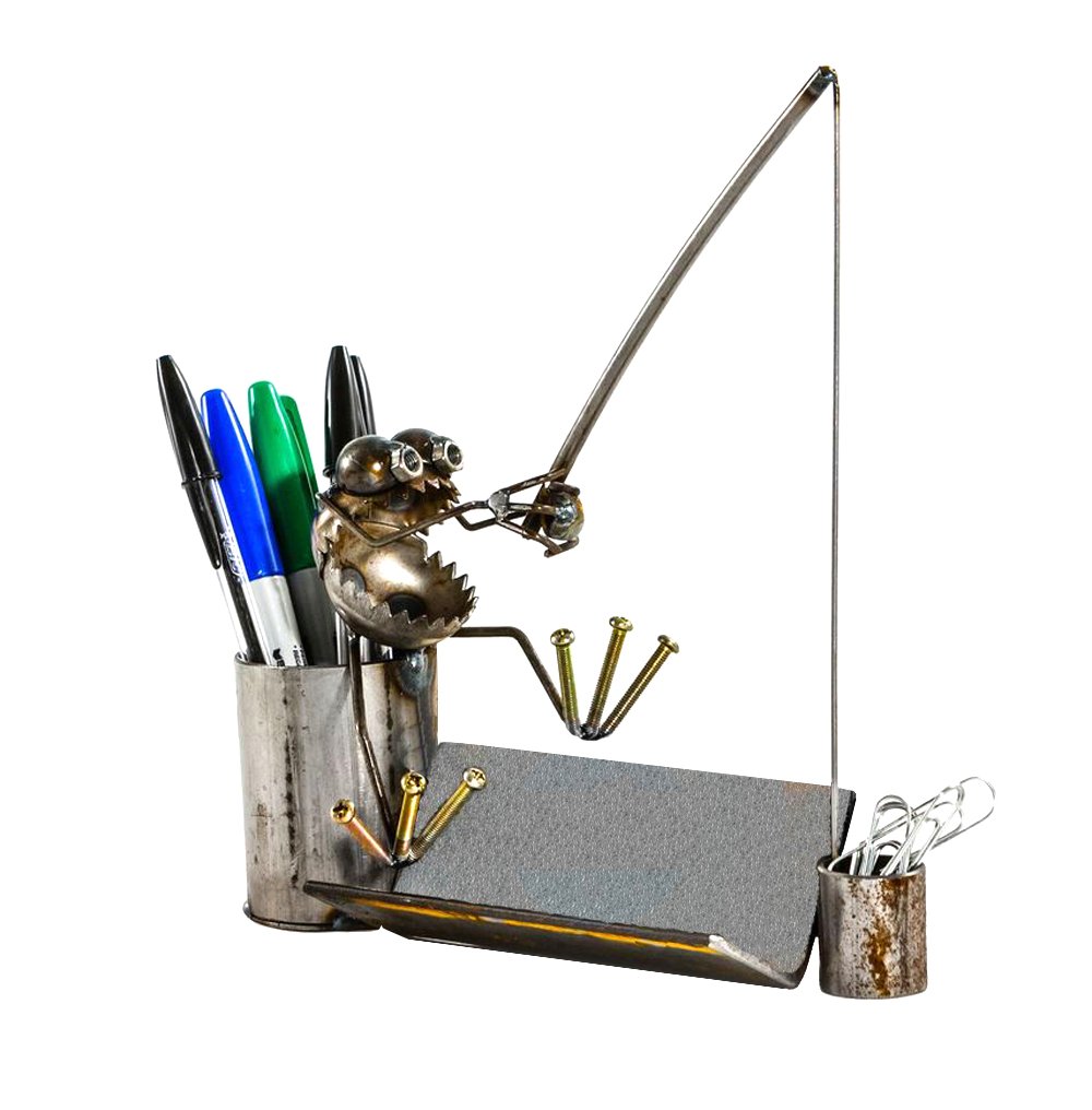 Handmade Welded Metal Art Gnome Be Gone Desk Bucket - Unique Business Card Holder for Office & Home Decor - Perfect Gift for Fishermen & Outdoors Lovers