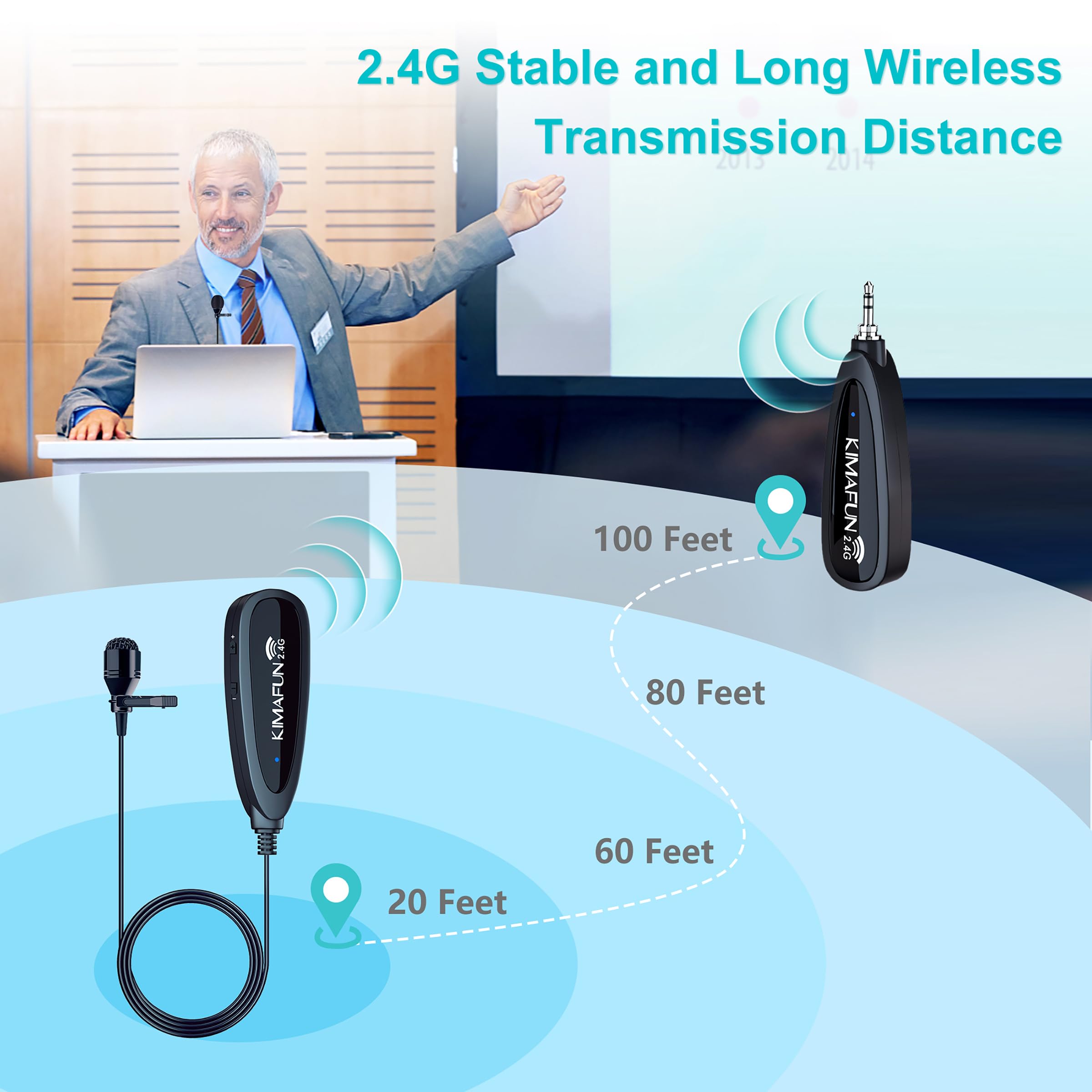 KIMAFUN 2.4G Wireless Lavalier Microphone System with 3.5mm Receiver - Compatible with PC, Laptop, iPhone, DSLR Camera & PA Speaker - Ideal for YouTube Videos, Podcasting, Vlogging, Interviews & Professional Recording - Perfect for Content Creators, Streamers & Public Speakers