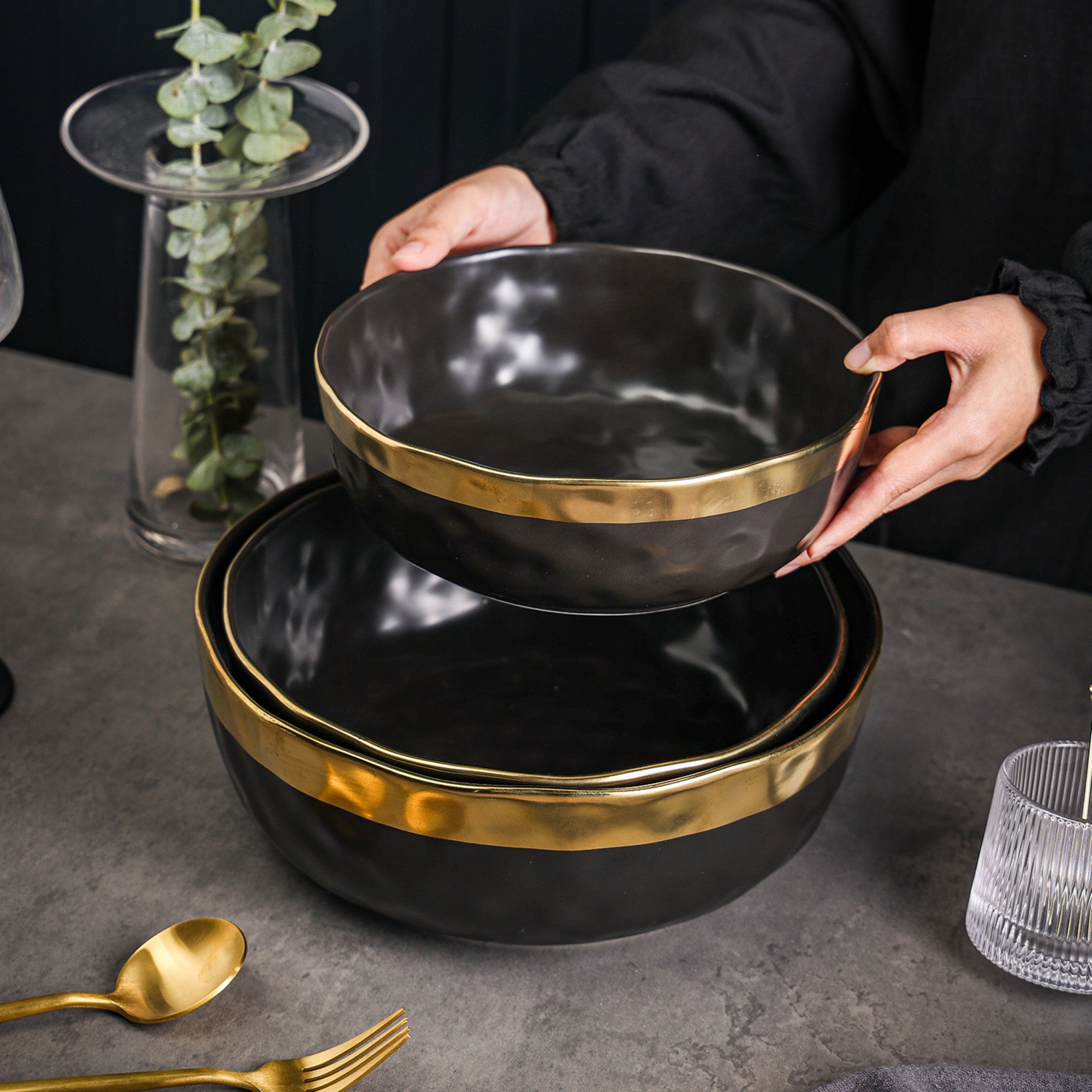 Premium Florian Porcelain Dinnerware Set - 6-Piece Black Ceramic Bowls for Soup, Salad & Dessert | Elegant Table Setting for Restaurants, Home Dining & Entertaining