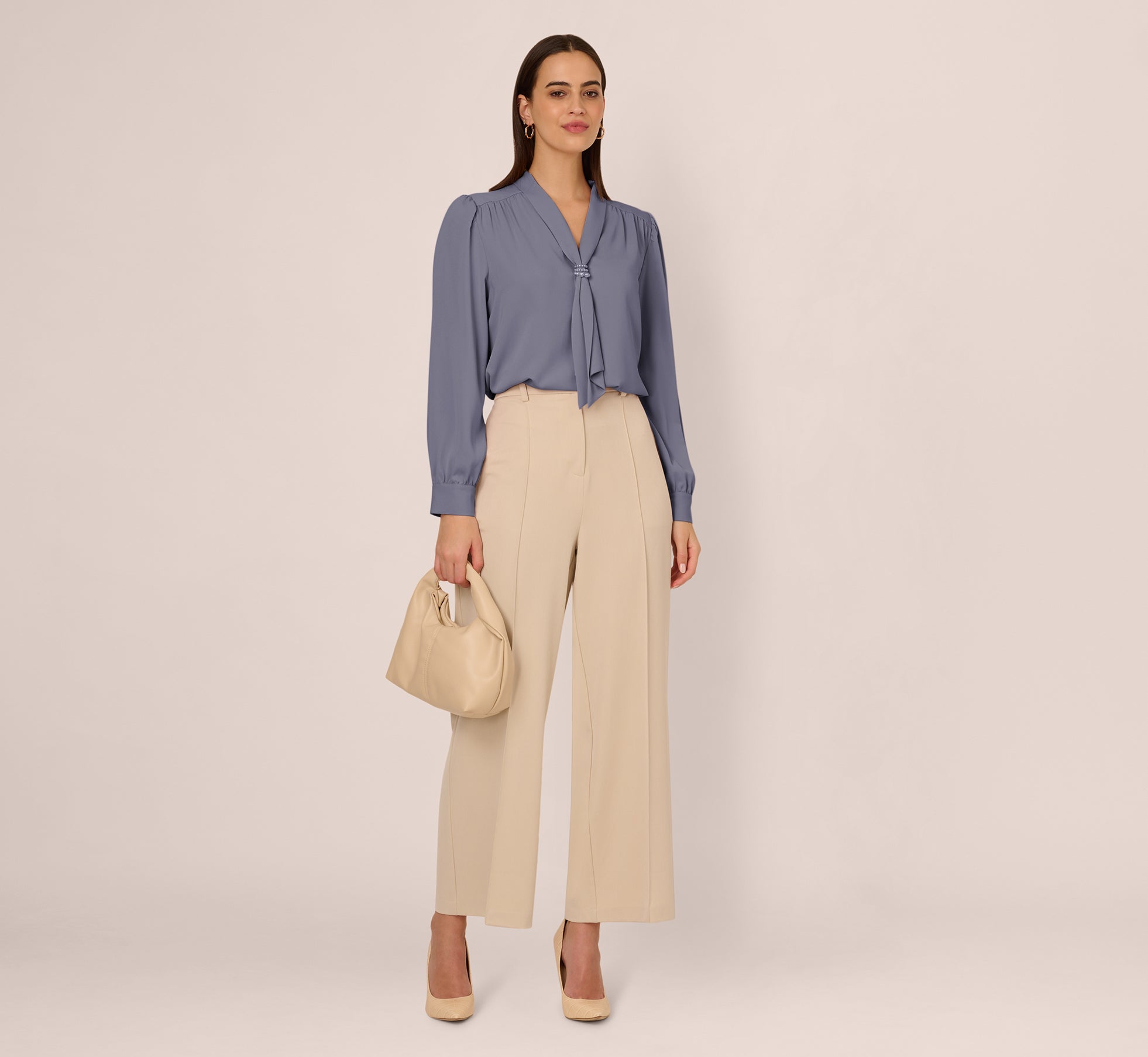 Elegant Dusty Blue Long Sleeve Embellished Tie Collar Blouse for Women - Perfect for Office Wear, Date Night & Special Occasions