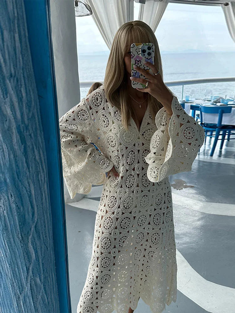 Elegant Floral Lace Hollow-Out Midi Dress for Women - V-Neck Long Flare Sleeves Loose Boho Maxi Dress - Perfect for Beach Vacations, Summer Parties & Boho Fashion