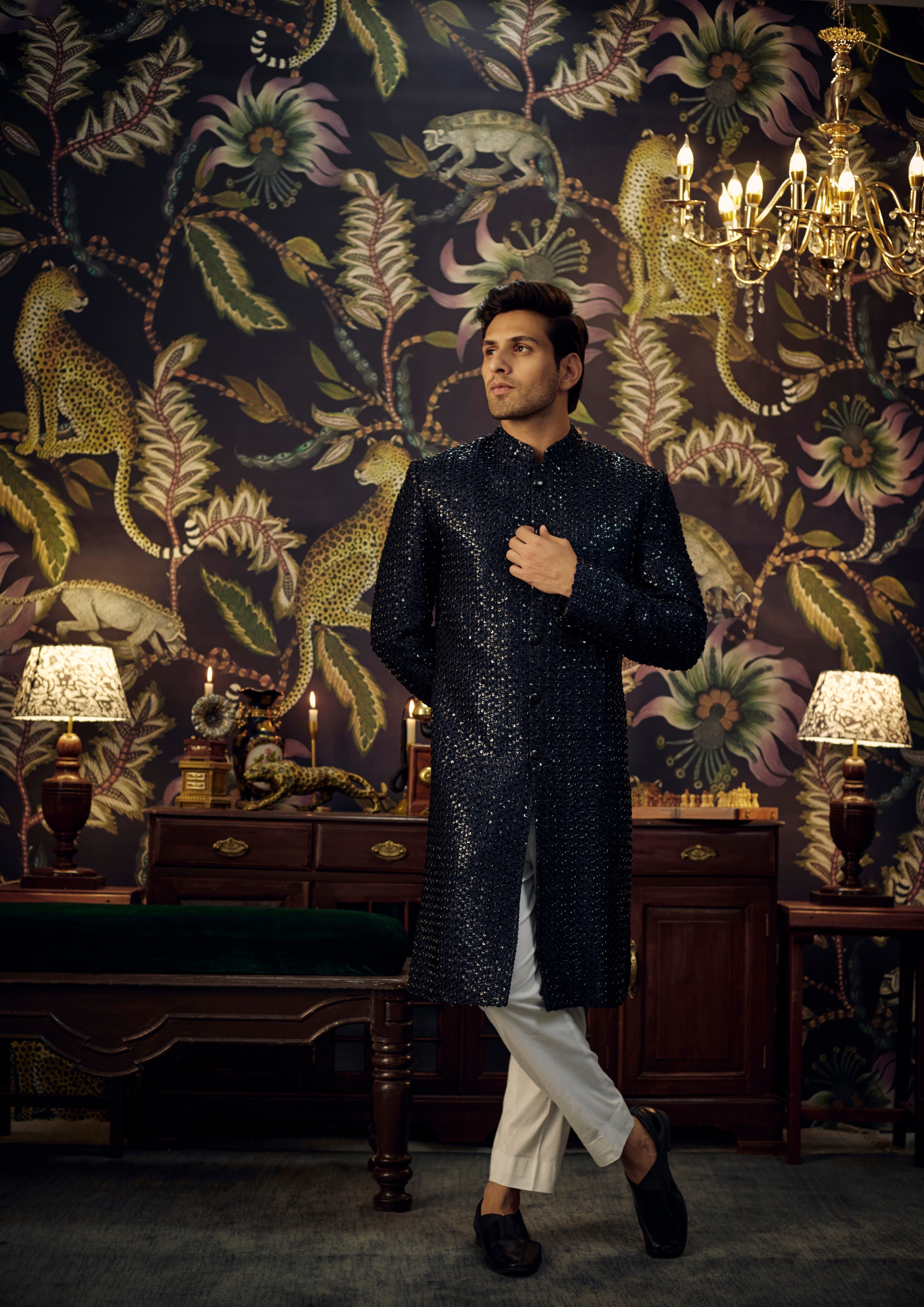 Navy Blue Long Indo Western Dress with Black Cut Dana - Elegant Ethnic Fusion Wear for Parties, Weddings & Festive Occasions