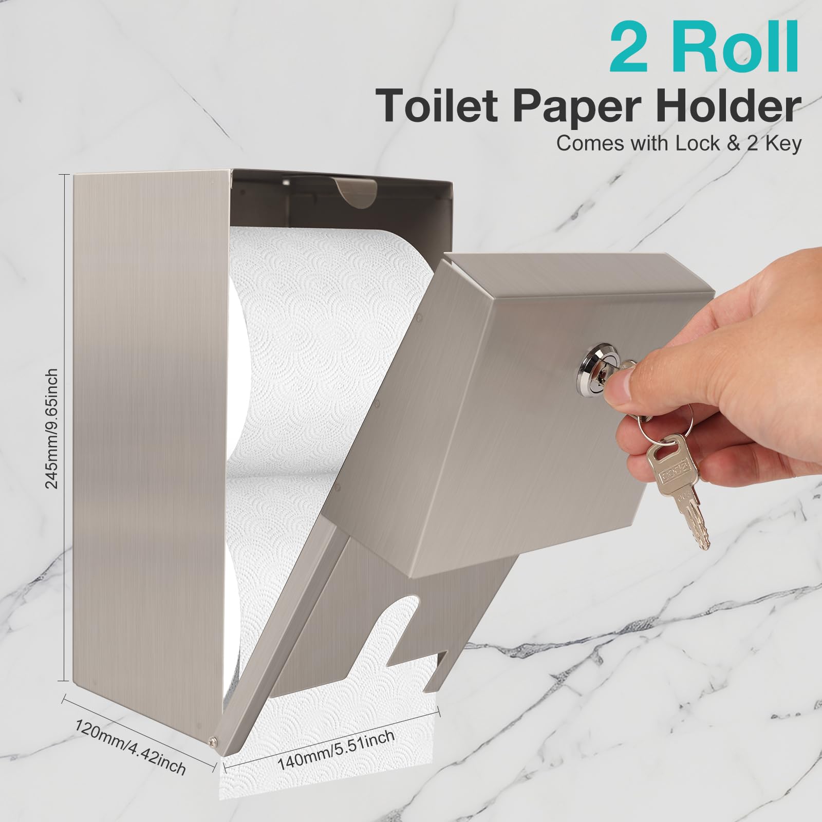 Commercial Toilet Paper Dispenser - Histely Double Roll Stainless Steel Toilet Paper Holder with Lockable Design & 2 Keys, 304 Waterproof Wall Mount Bathroom Tissue Dispenser for Restrooms, Hotels, Offices & Public Washrooms