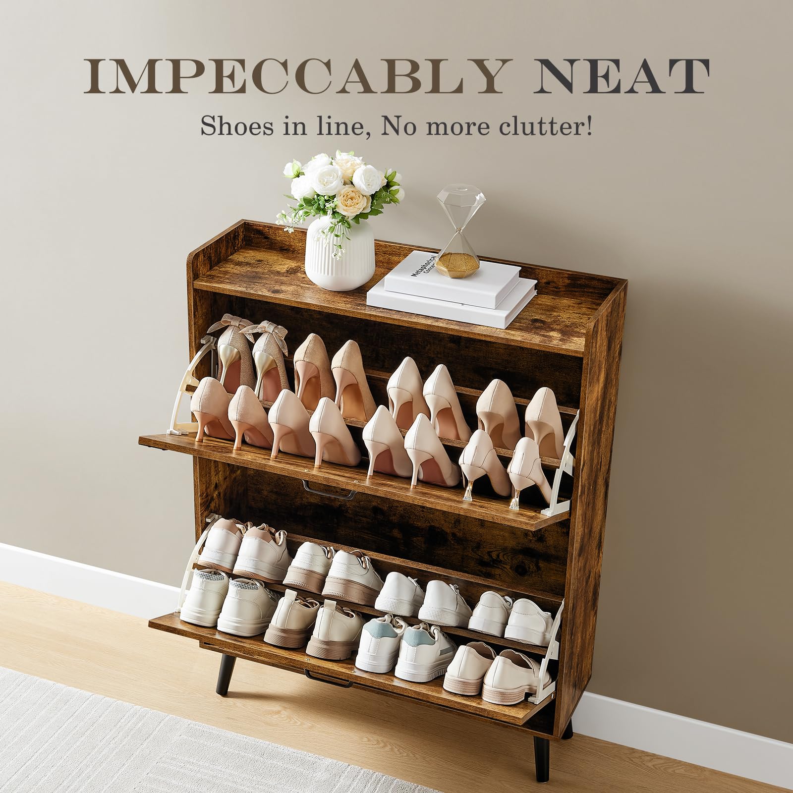 Farmhouse Style Shoe Cabinet with 2 Flip Drawers - Freestanding Entryway Shoe Organizer for Hallway, Porch & Living Room - Compact Hidden Storage with Detachable Racks - Classic Brown Shoe Rack for Small Spaces & Home Organization