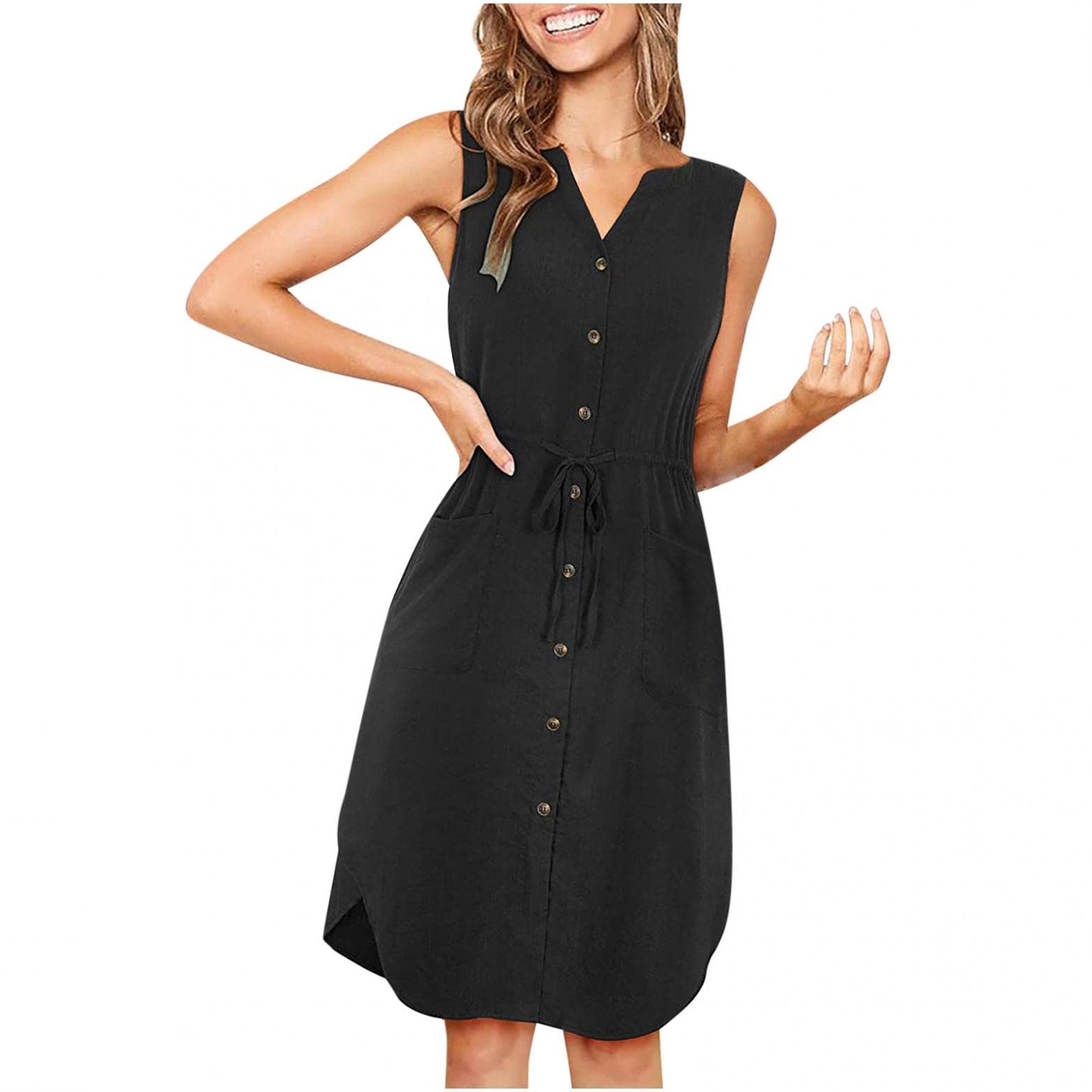 YZHM Women's Sleeveless Shift Dress - V Neck Tie Waist Button Down Shirt Dress with Curved Hem | Summer Tank Dress for Casual Wear, Office Outfits & Beach Vacation