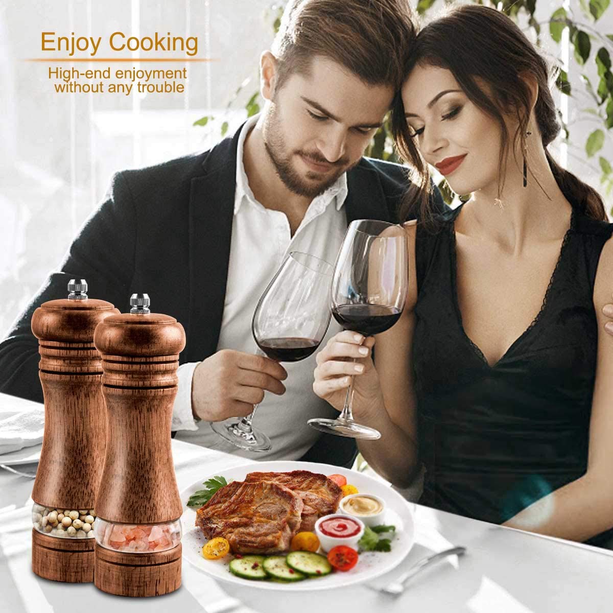 Premium Adjustable Ceramic Salt and Pepper Grinder Set - 6.5 Inch Manual Wooden Mill with Coarse to Fine Grinding - Perfect for Kitchen, Dining Table & Outdoor BBQ (2 Pack)