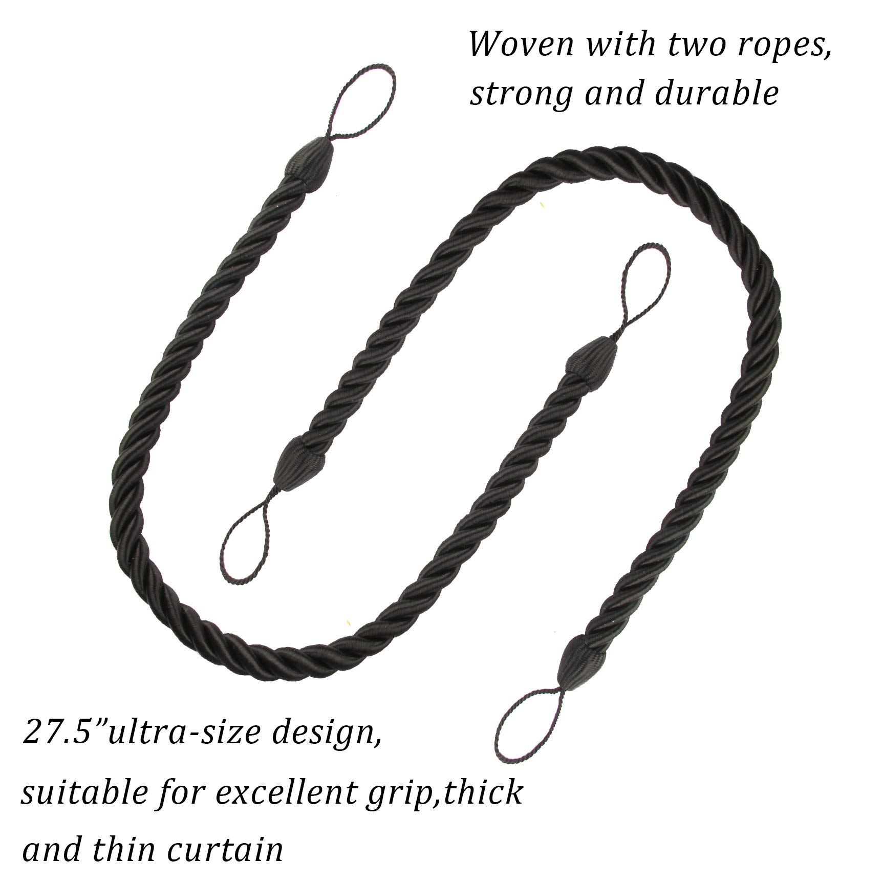 BEL AVENIR Handmade Curtain Tiebacks Ropes - 4 Pack Black Curtain Holdbacks for Living Room, Bedroom & Window Decor
