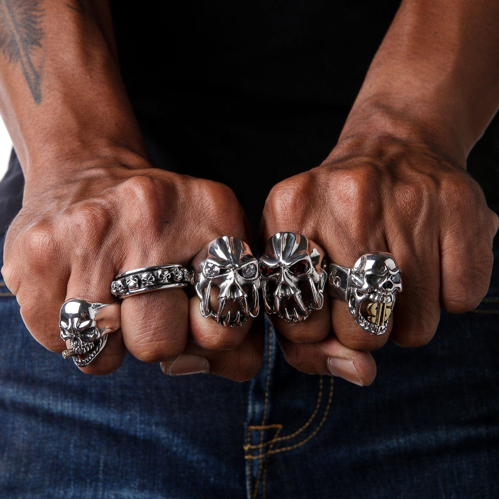 Red Eyes Fang Devil Skull Sterling Silver Biker Ring for Men - Gothic Punk Jewelry, Motorcycle Accessories, Halloween Costume, Rocker Gift