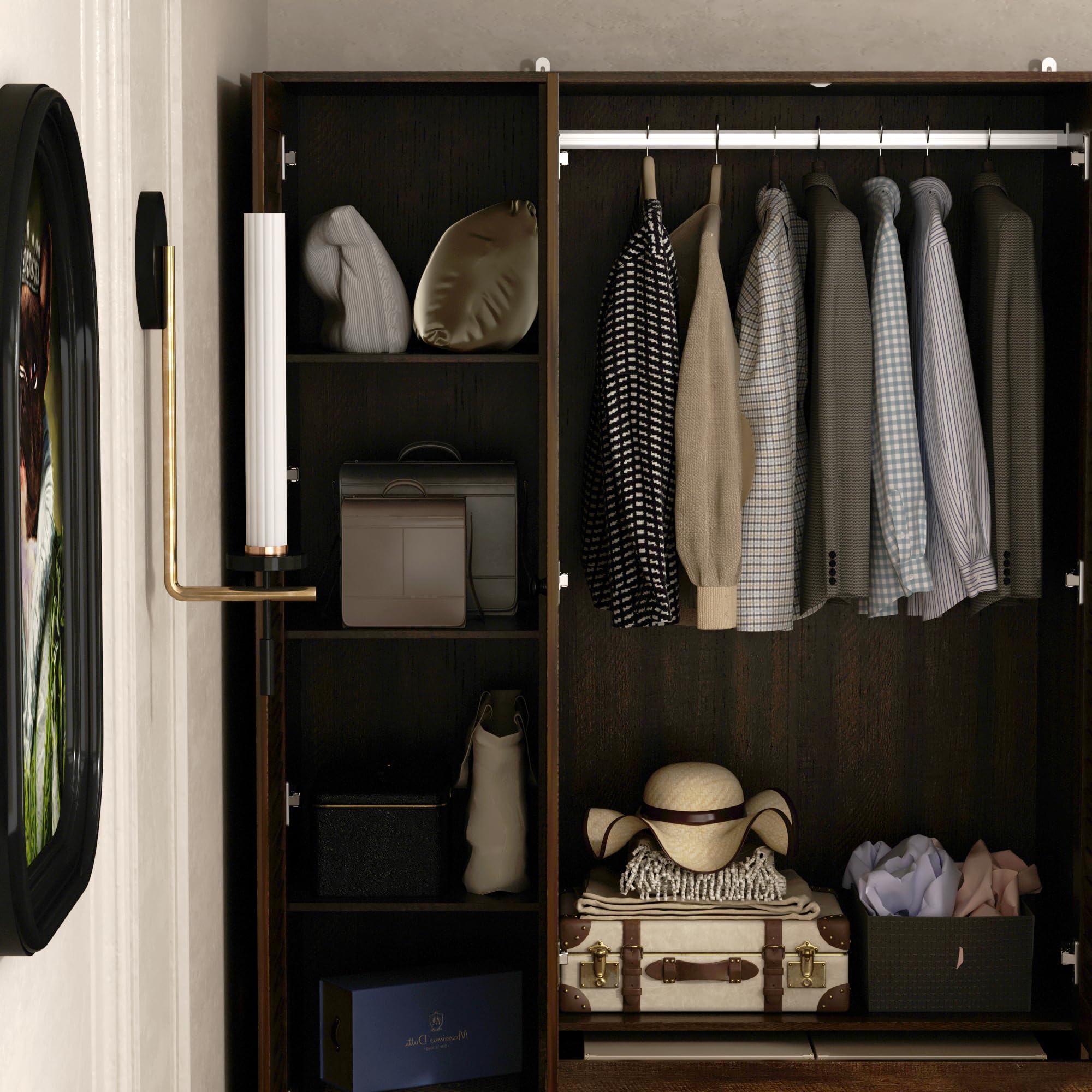 MOUMON 4-Door Wardrobe Closet with Shelves & 5 Drawers - Freestanding Armoire with 2 Hanging Rods for Bedroom, Living Room or Dorm - Espresso Brown (59