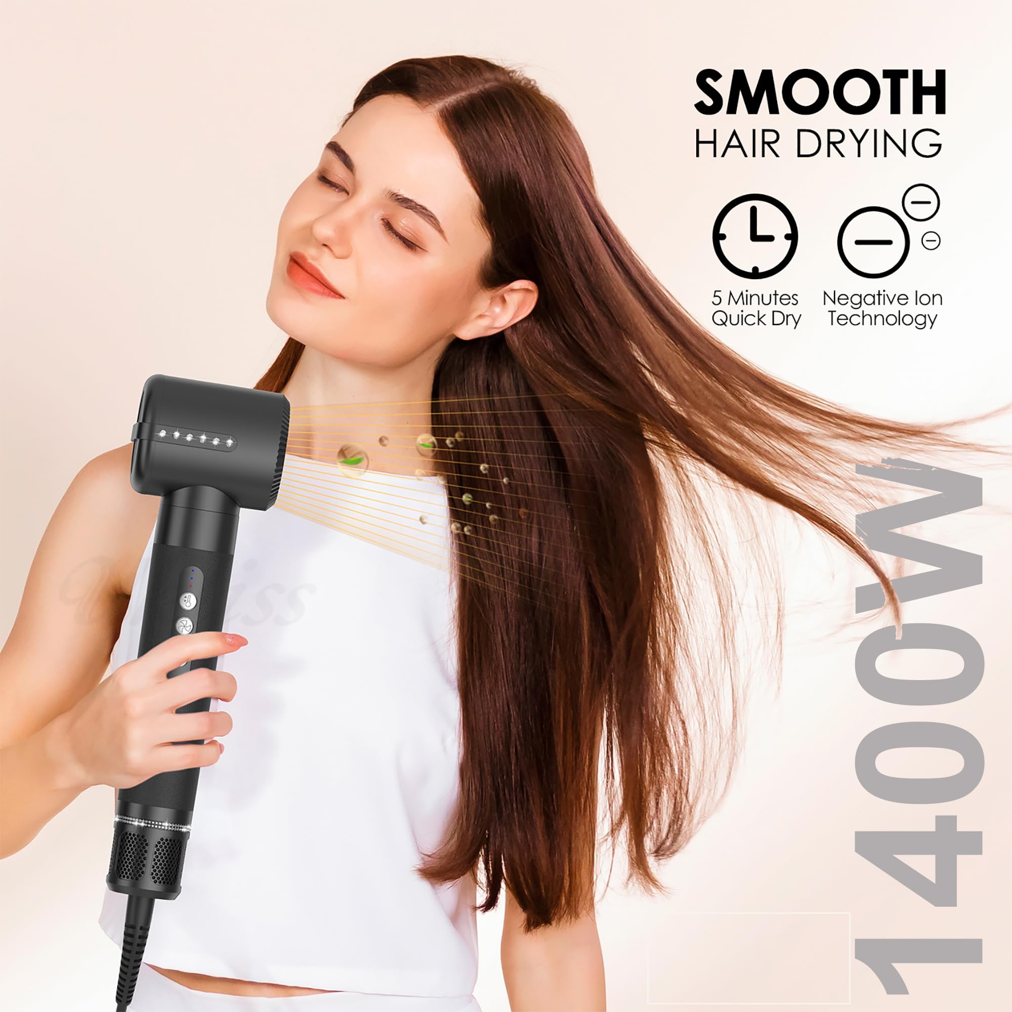 Professional 7-in-1 Hair Dryer Brush with 140,000 RPM High-Speed Negative Ionic Technology - Blow Dryer, Curling Iron & Volumizer for Fast Drying, Straightening & Styling (Black) | Perfect for Home Salon, Travel & Daily Hair Care