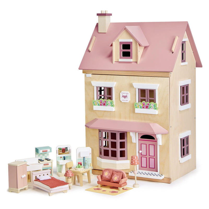 Foxtail Villa Wooden Doll House with Furniture - Handcrafted Wooden Dollhouse for Kids, Perfect for Pretend Play & Room Decor