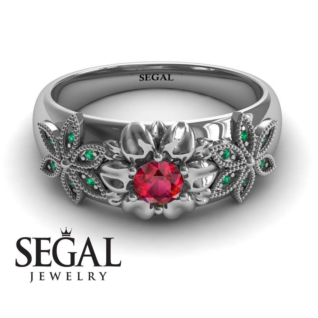 14K White Gold Victorian Engagement Ring with Ruby & Green Emerald Floral Design - Perfect for Proposals, Anniversaries & Romantic Gifts