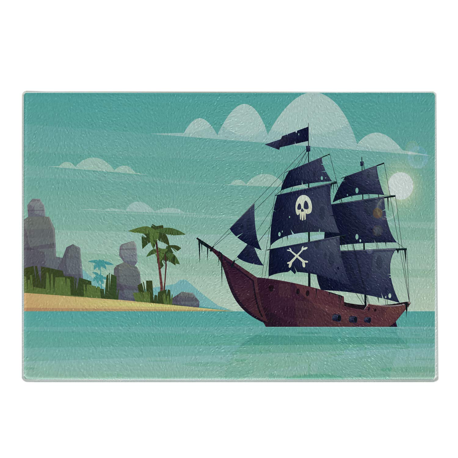Ambesonne Blue Nautical Themed Pirate Ship Glass Cutting Board - Decorative Tempered Glass Serving Board with Skull & Bones Design - Perfect for Cheese Platters, Charcuterie, and Kitchen Decor (Small Size, Multicolor)