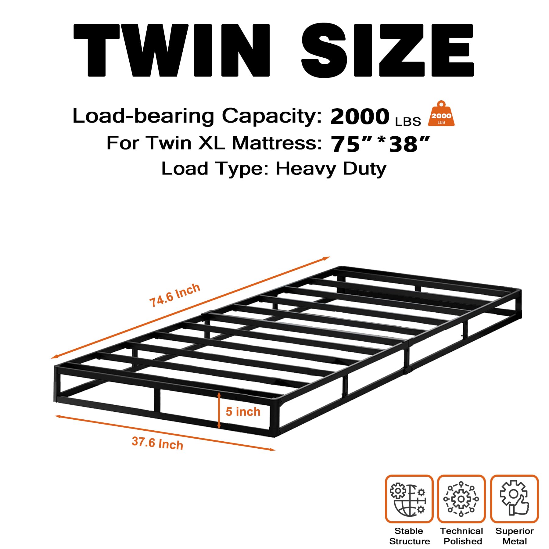 5 Inch Low Profile Twin Box Spring with Cover - Metal Bed Base for Twin Bed Frames | Extra Thick, Non-Slip & Easy Clean | Perfect for Small Spaces, Dorms & Guest Rooms