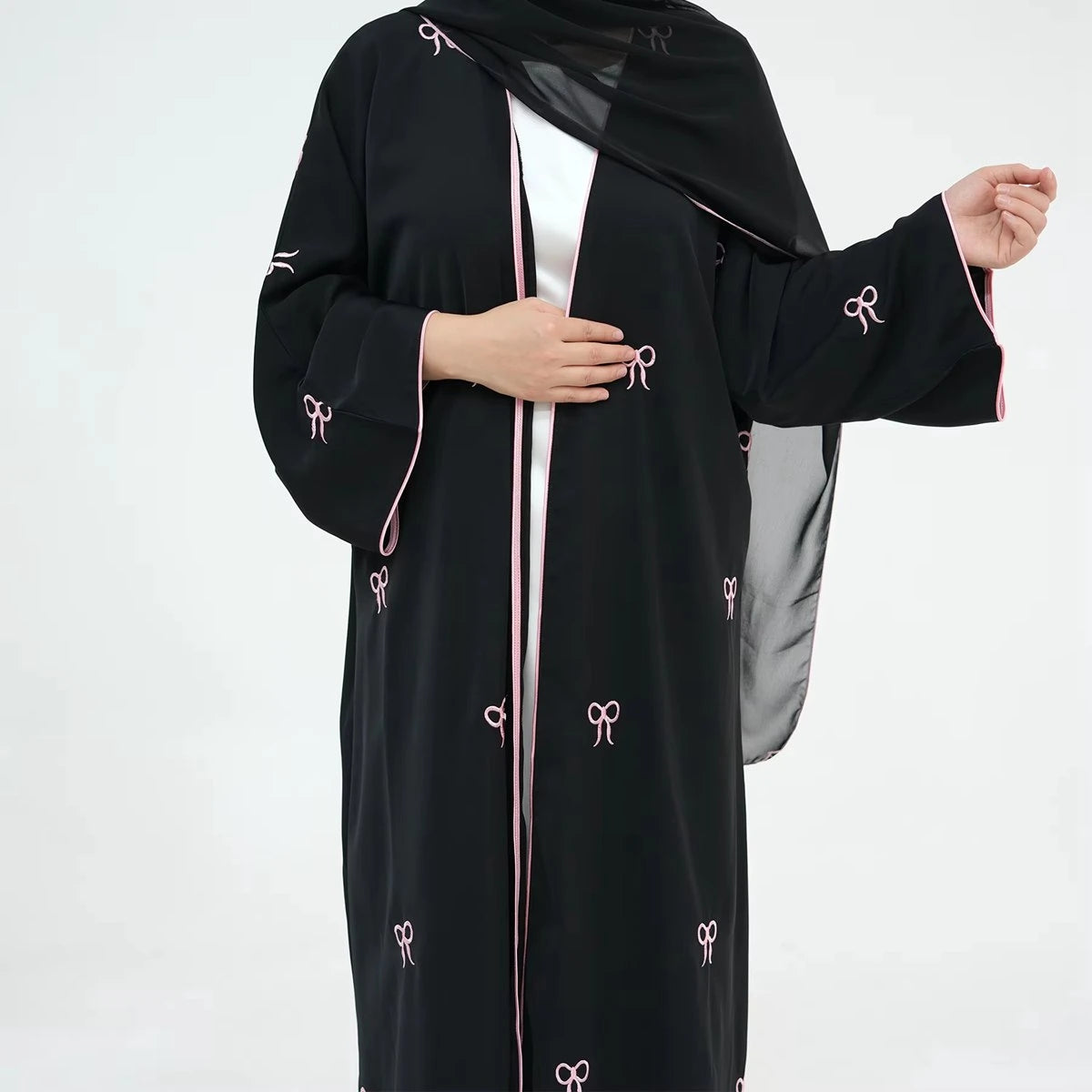Elegant Bow Embroidery Nida Cardigan Open Abaya Dress #241910 - Perfect for Muslim Women, Prayer, Modest Fashion & Special Occasions