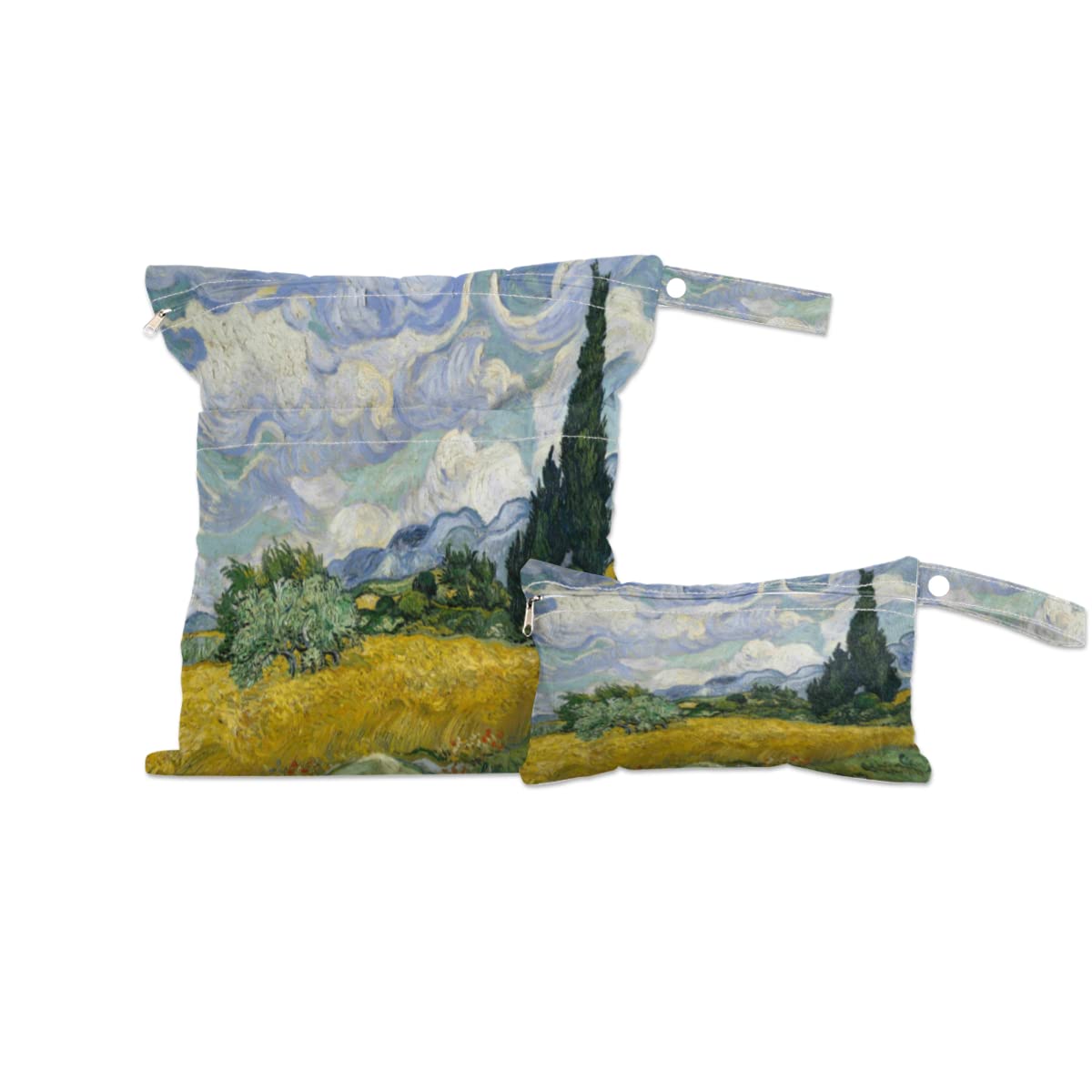 Van Gogh Wheat Field Cypress Waterproof Wet Dry Bag 2-Pack with Zipper - Reusable Cloth Diaper Organizer Pouch for Travel, Beach, Gym & Swimming - Perfect for Wet Swimsuits, Dirty Clothes & Toiletries Storage
