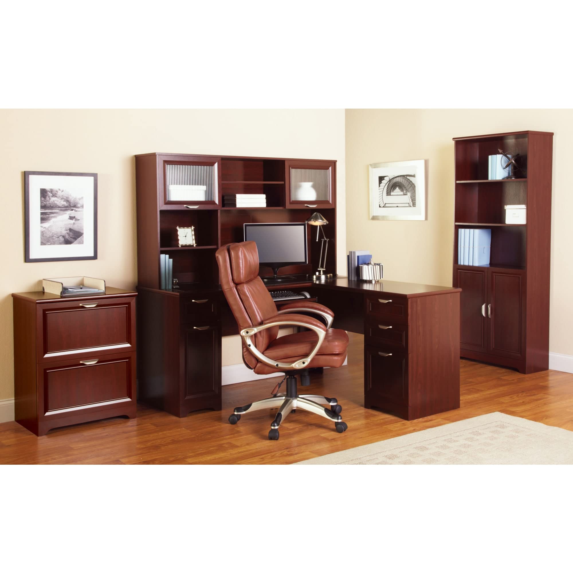 Realspace® Magellan 72 Inch Tall 5-Shelf Bookcase with Doors - Classic Cherry Finish for Home Office, Living Room & Library Storage