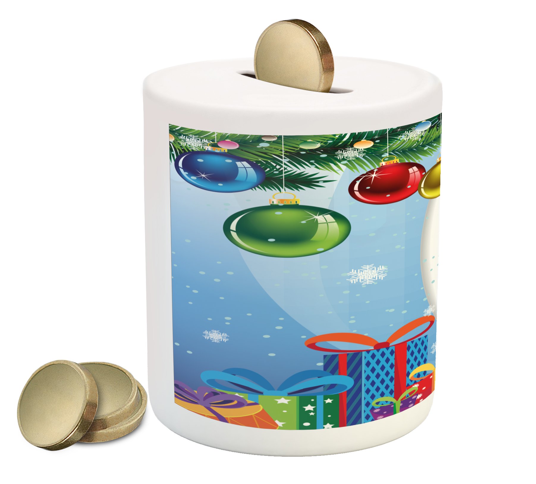 Ambesonne Christmas Piggy Bank - Colorful Ceramic Coin Bank with Festive Xmas Balls, Fir Tree Branches & Bowtie Designs for Cash Saving | Perfect Holiday Gift & Money Box for Kids, Adults | Great for Christmas Decor, Gift Exchanges & Savings Goals