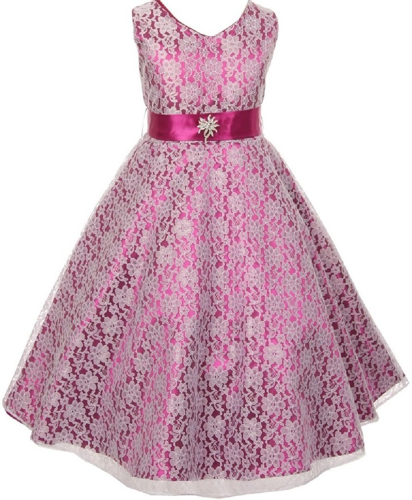 Little Girls Lace Overlay Satin Brooch Flower Dresses for Birthday Party, Easter, Pageant & Special Occasions