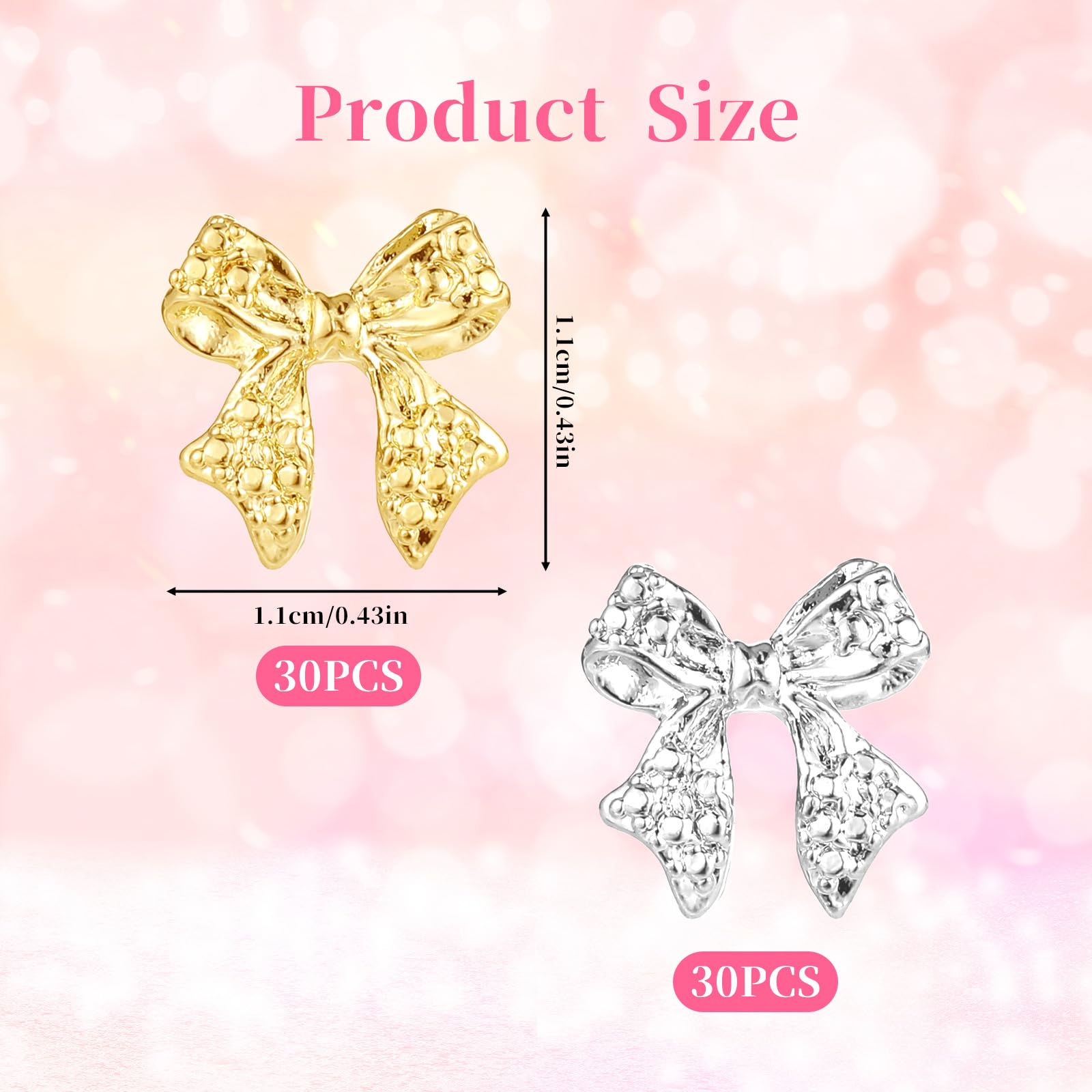 60pcs Gold Bow Nail Charms - 3D Alloy Nail Art Decor for DIY & Parties